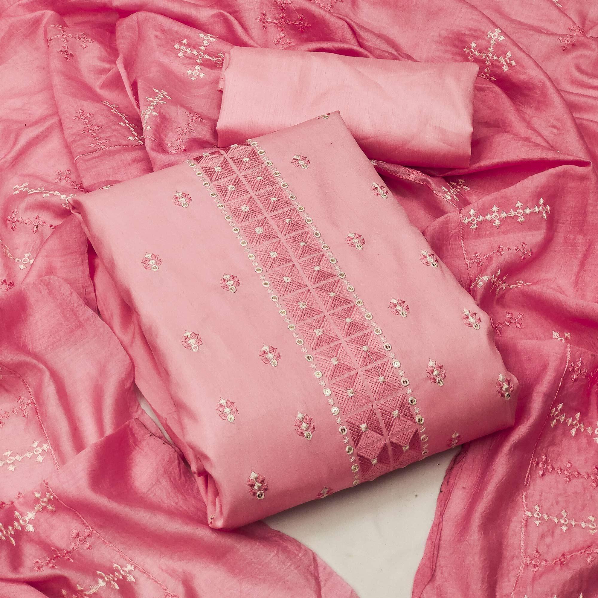 Pink Casual Wear Embroidered Jelly Silk Dress Material - Peachmode