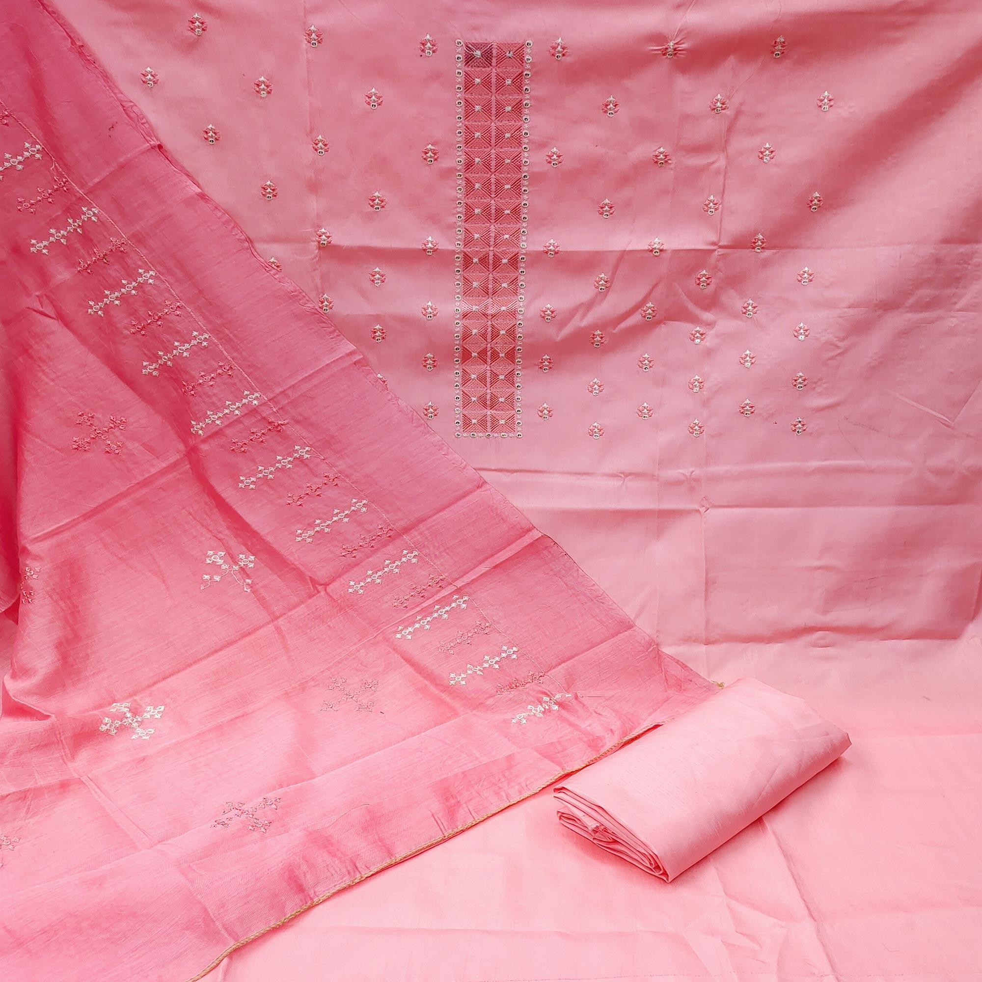 Pink Casual Wear Embroidered Jelly Silk Dress Material - Peachmode
