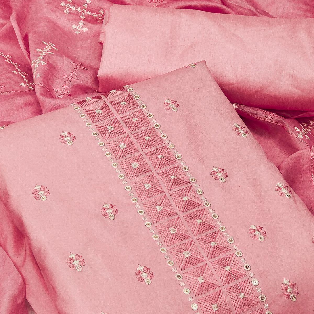 Pink Casual Wear Embroidered Jelly Silk Dress Material - Peachmode