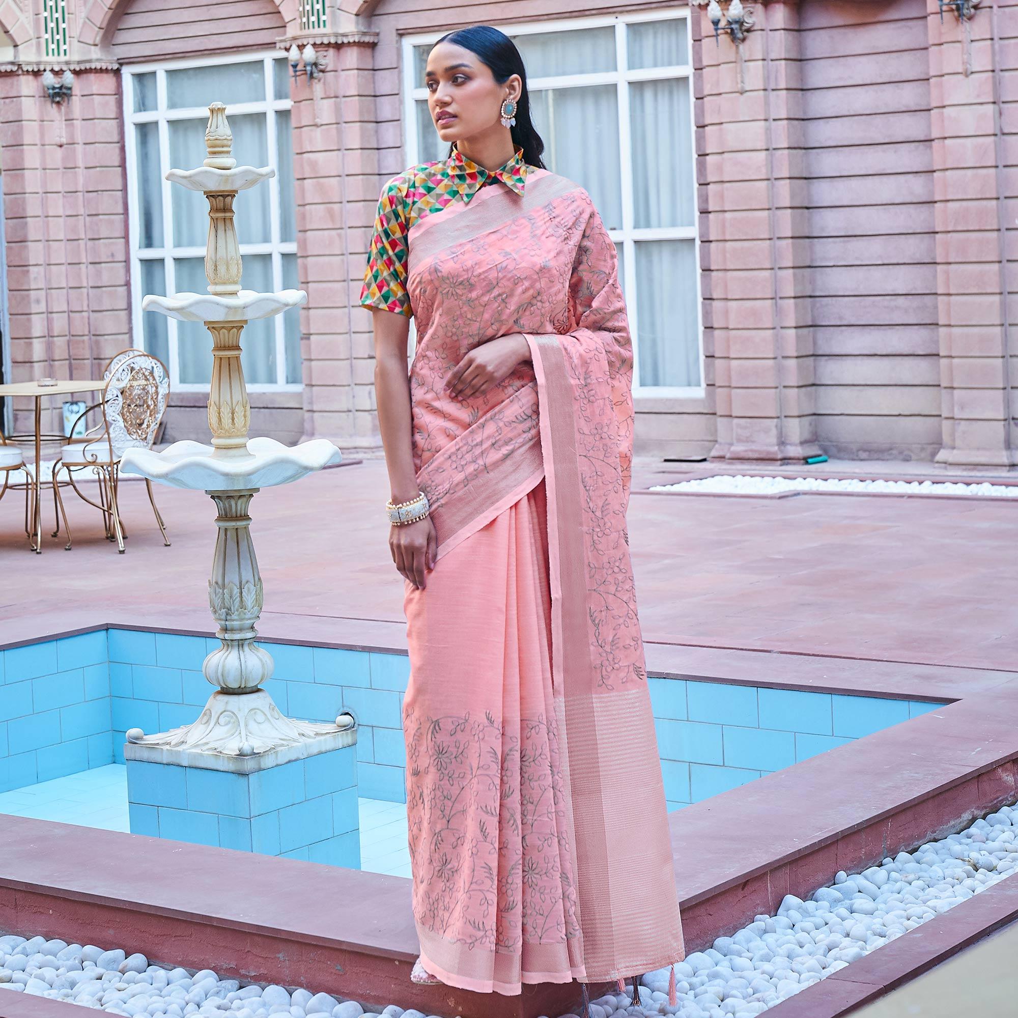 Pink Casual Wear Embroidered Linen Saree - Peachmode