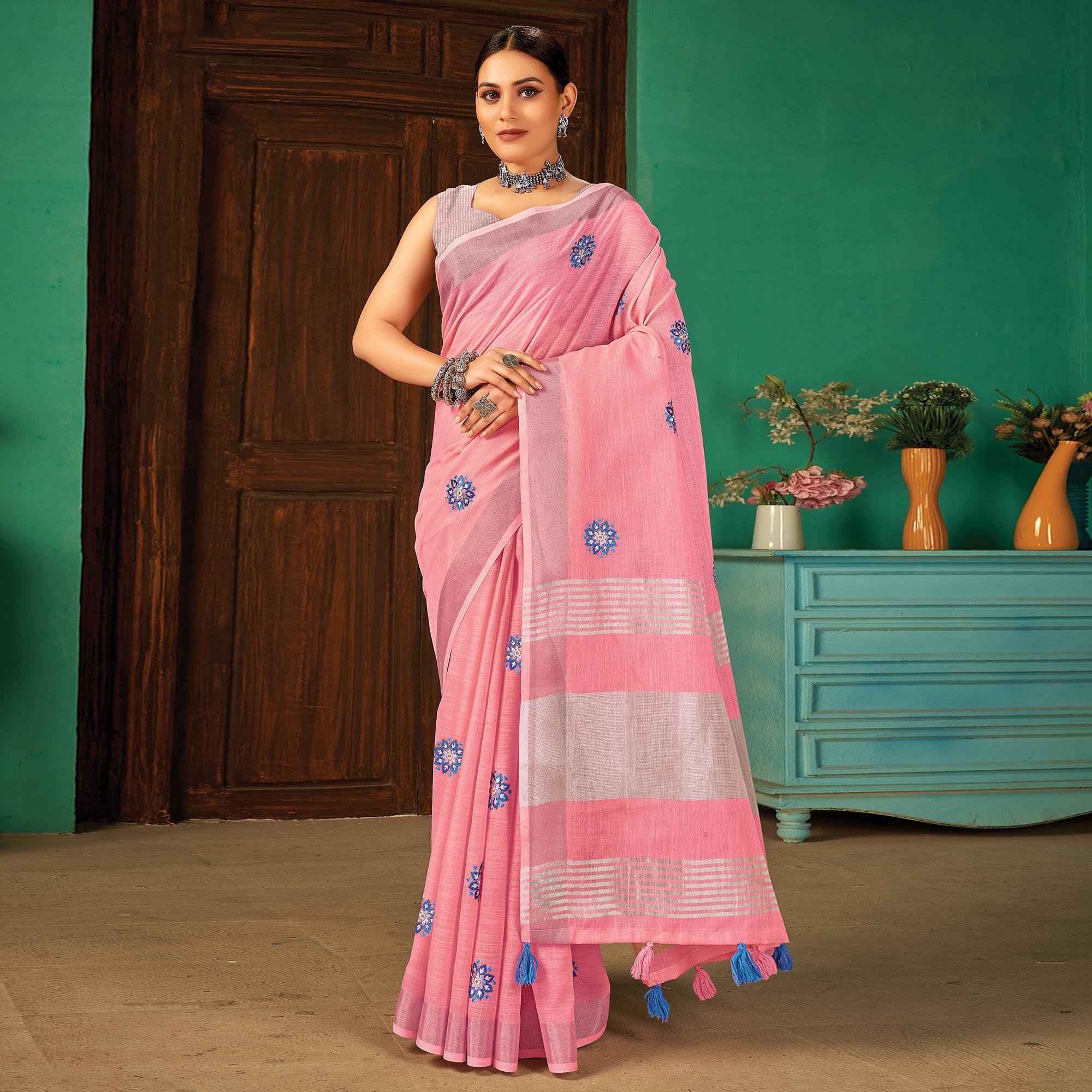 Pink Casual Wear Embroidered Linen Saree - Peachmode