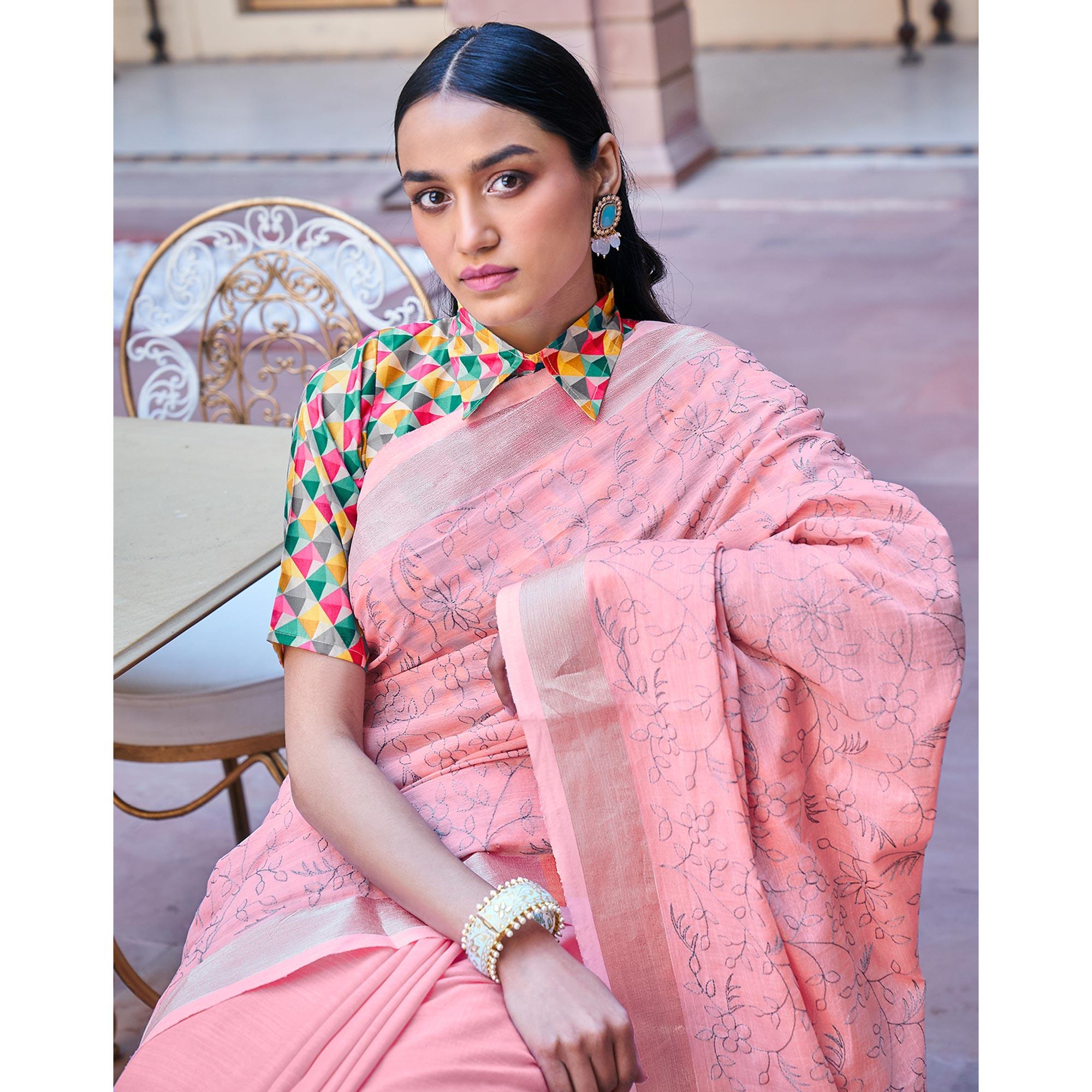 Pink Casual Wear Embroidered Linen Saree - Peachmode