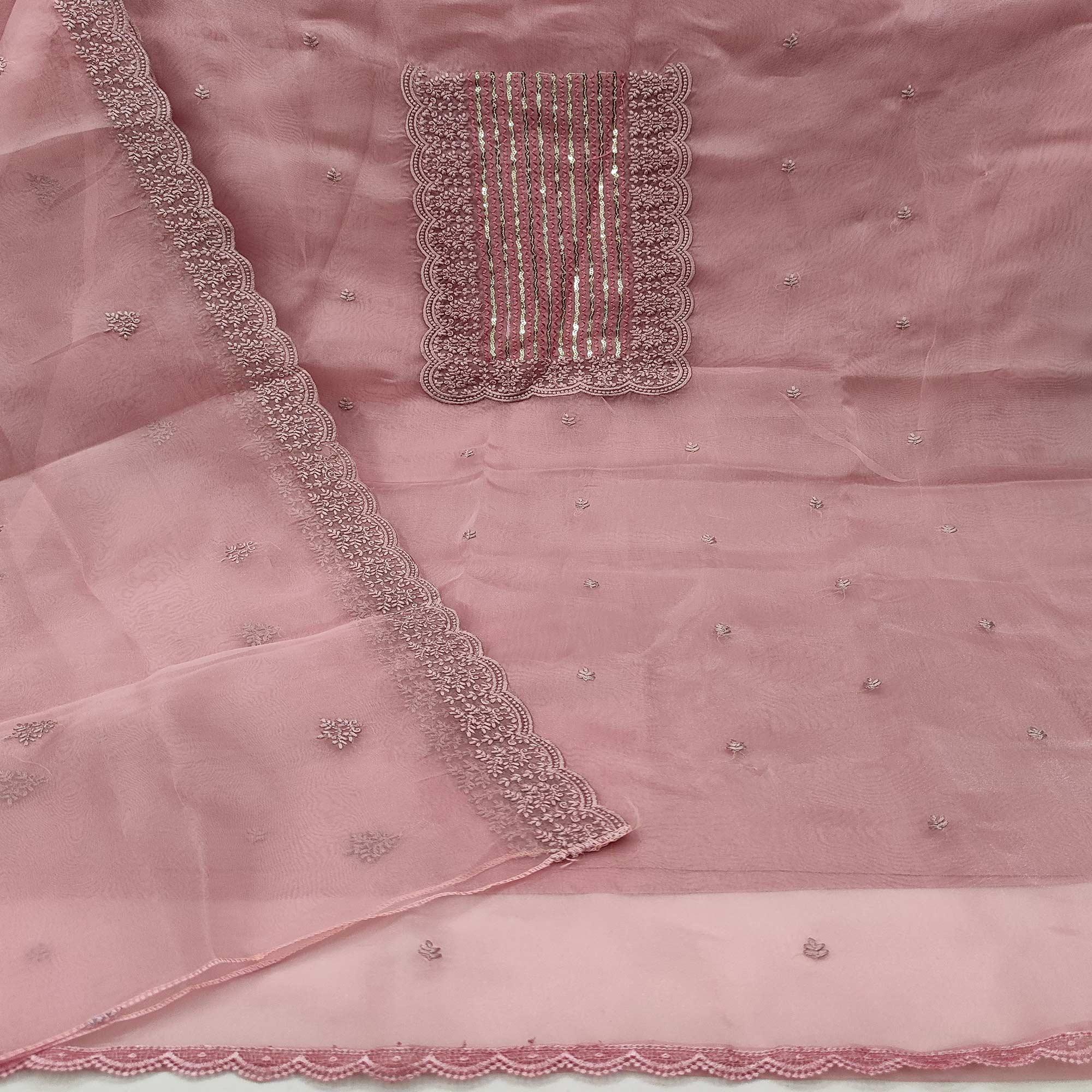 Pink Casual Wear Embroidered Organza Dress Material - Peachmode