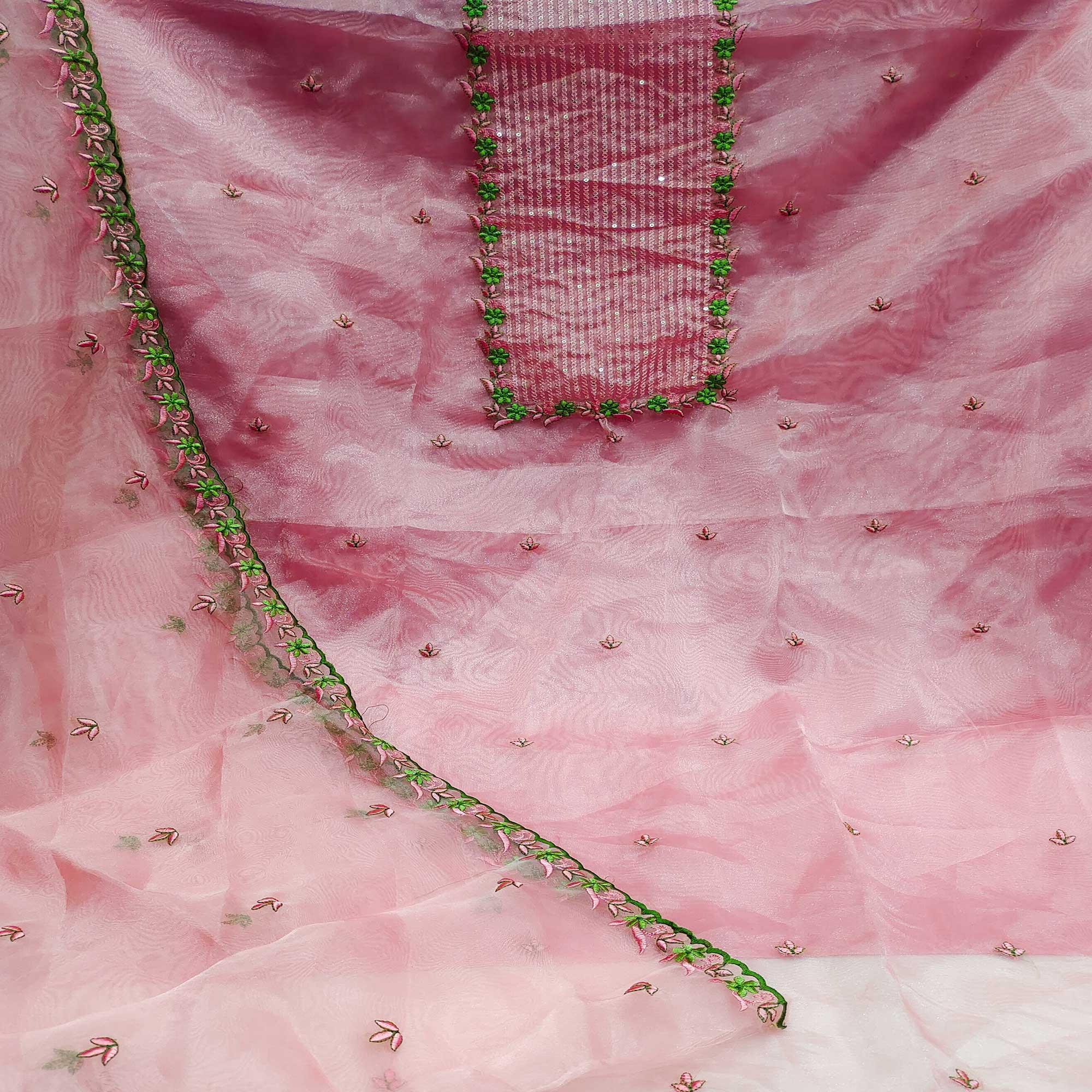 Pink Casual Wear Embroidered Organza Dress Material - Peachmode