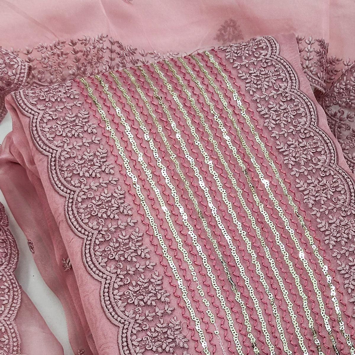 Pink Casual Wear Embroidered Organza Dress Material - Peachmode