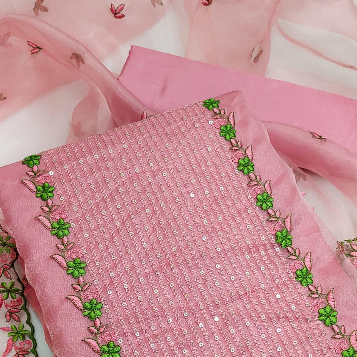 Pink Casual Wear Embroidered Organza Dress Material - Peachmode