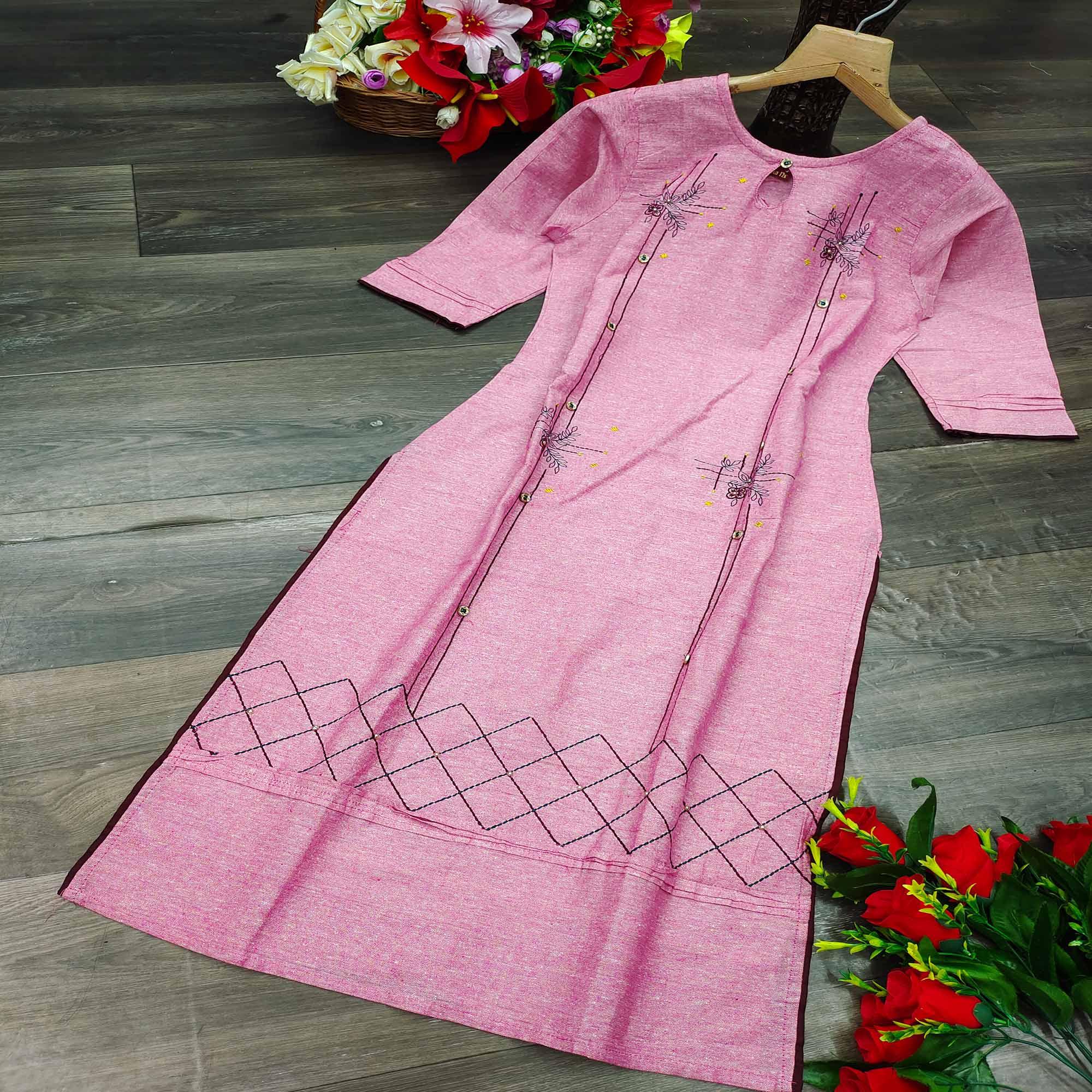 Pink Casual Wear Embroidered Pure Cotton Kurti - Peachmode