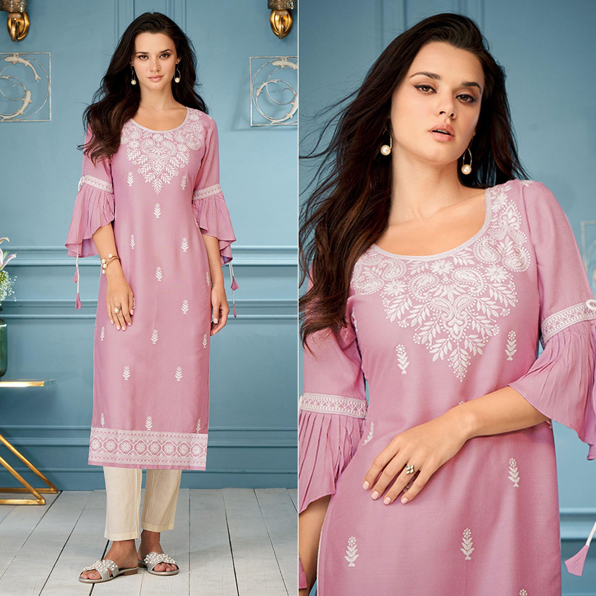 Pink Casual Wear Embroidered Rayon Kurti - Peachmode