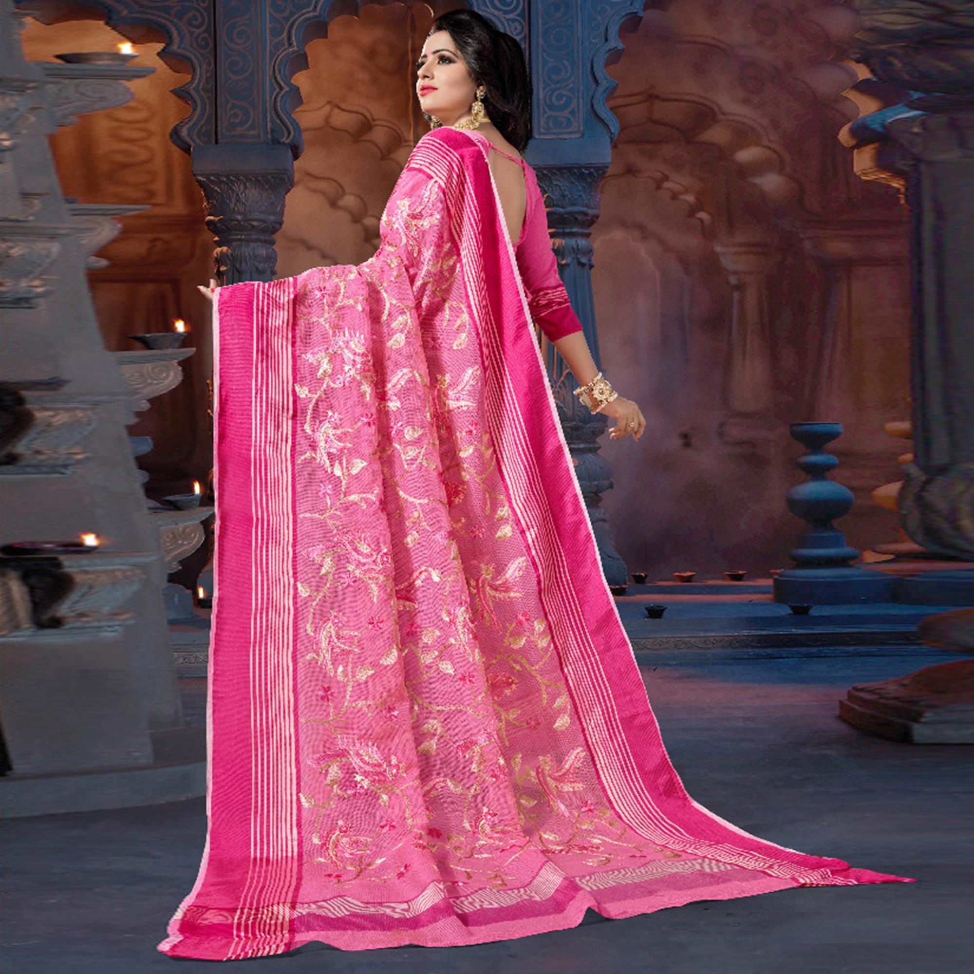 Pink Casual Wear Embroidered Supernet Saree - Peachmode