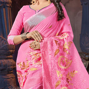 Pink Casual Wear Embroidered Supernet Saree - Peachmode