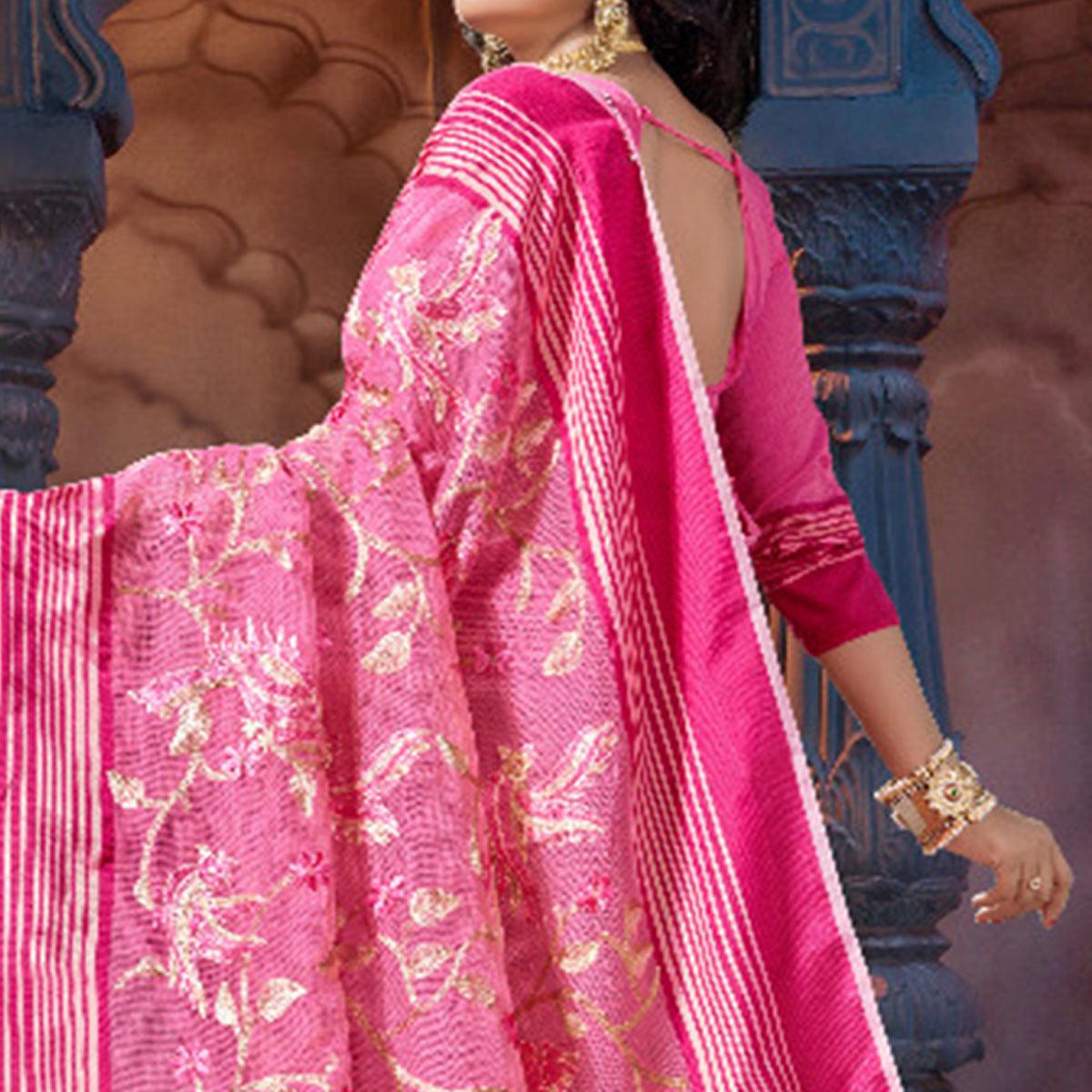 Pink Casual Wear Embroidered Supernet Saree - Peachmode