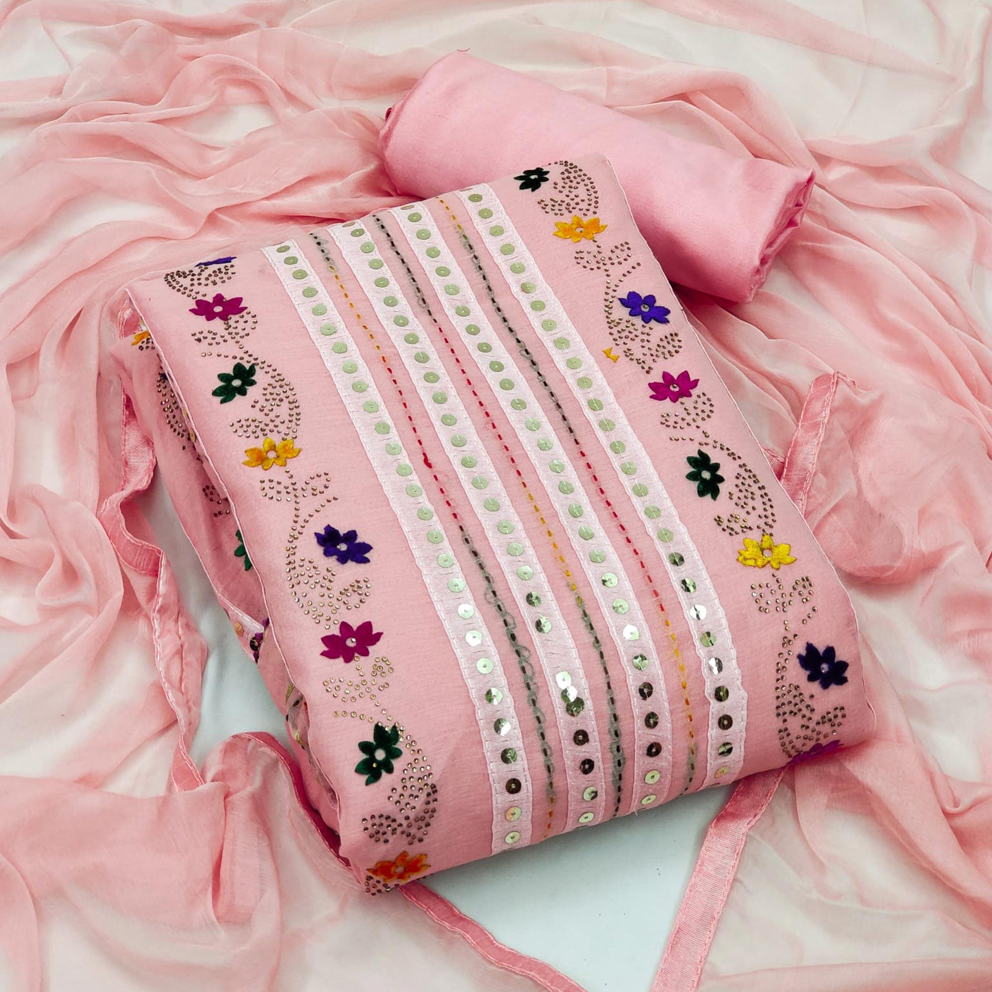 Pink Casual Wear Embroidered With Embellished Chanderi Dress Material - Peachmode