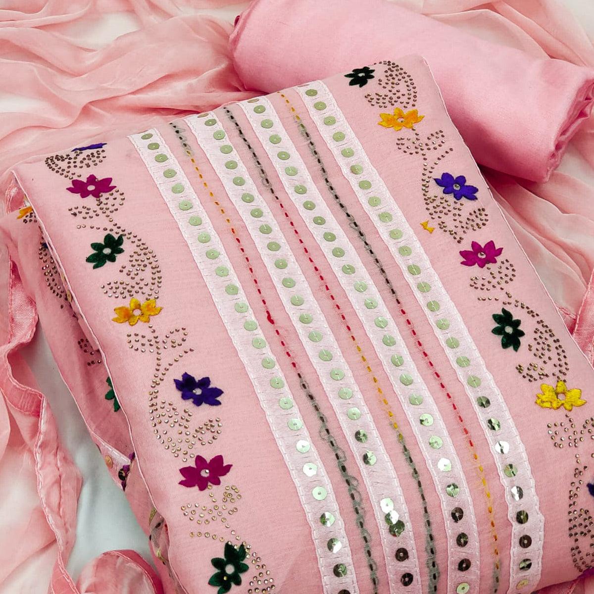 Pink Casual Wear Embroidered With Embellished Chanderi Dress Material - Peachmode