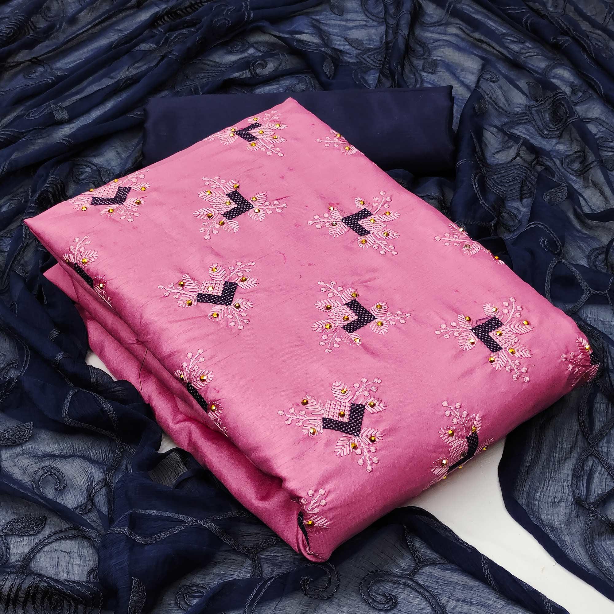 Pink Casual Wear Embroidered Zora Silk Dress Material - Peachmode