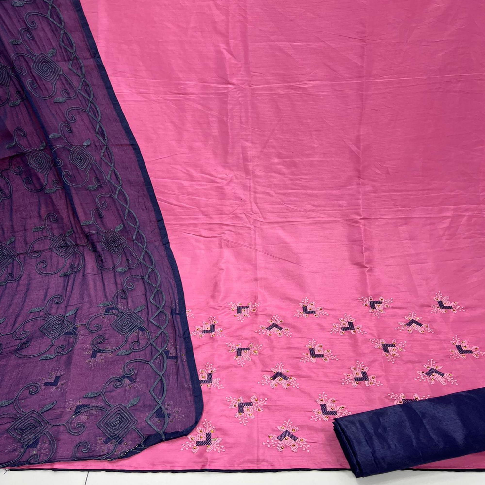 Pink Casual Wear Embroidered Zora Silk Dress Material - Peachmode