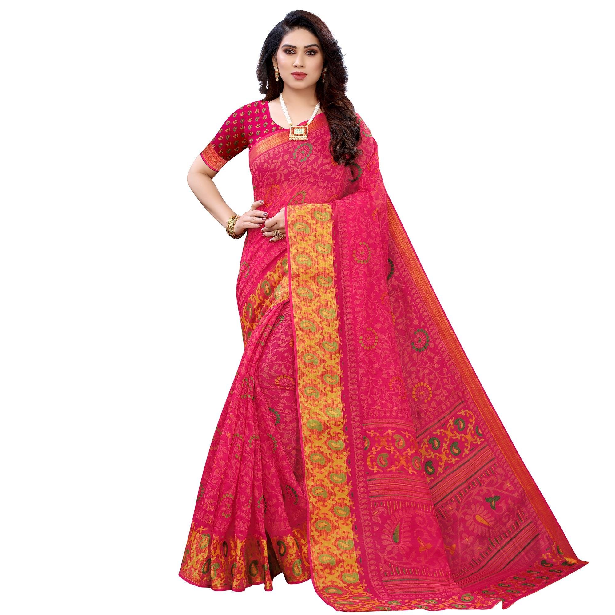 Pink Casual Wear Fancy Printed Heavy Linen Saree With Zari Border - Peachmode