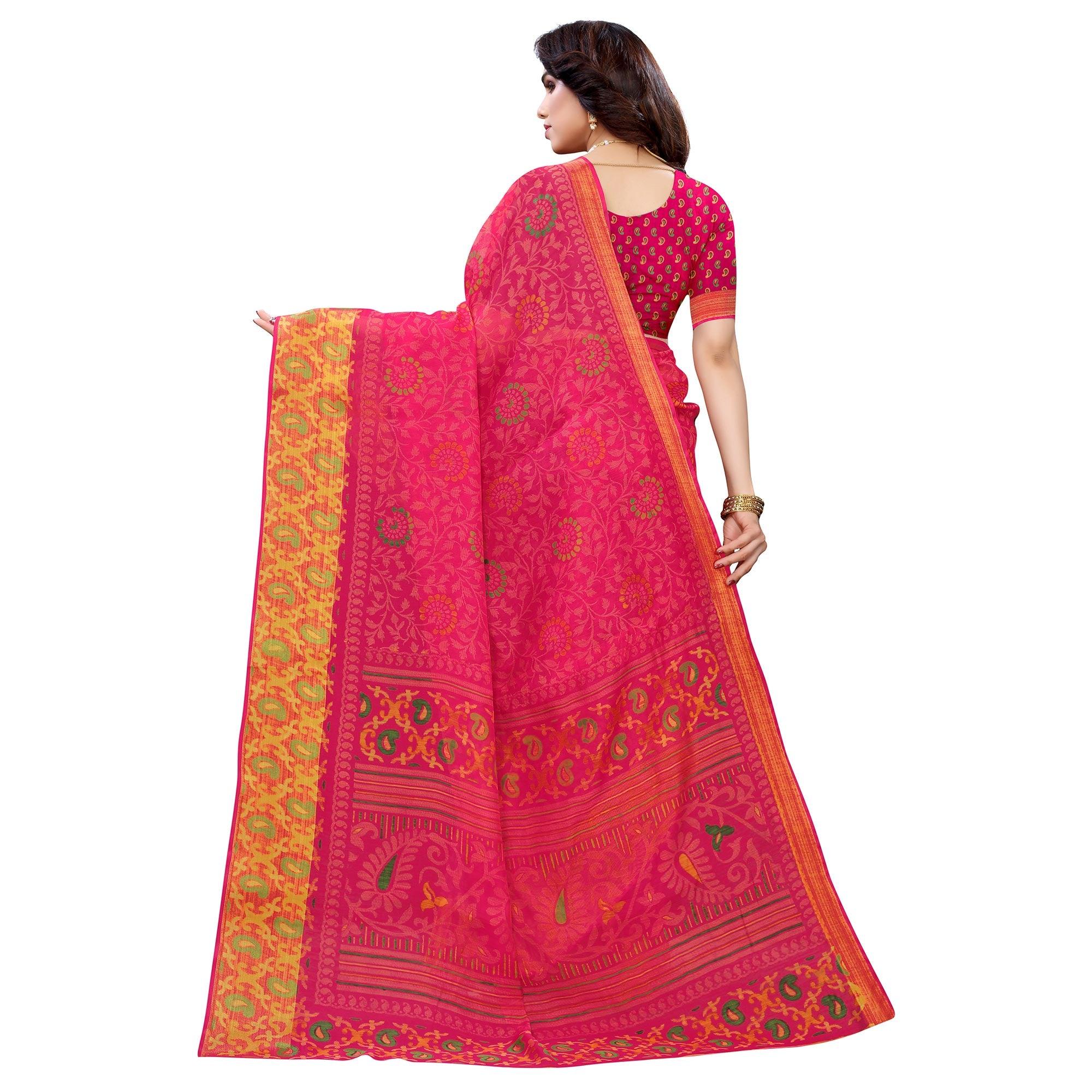 Pink Casual Wear Fancy Printed Heavy Linen Saree With Zari Border - Peachmode