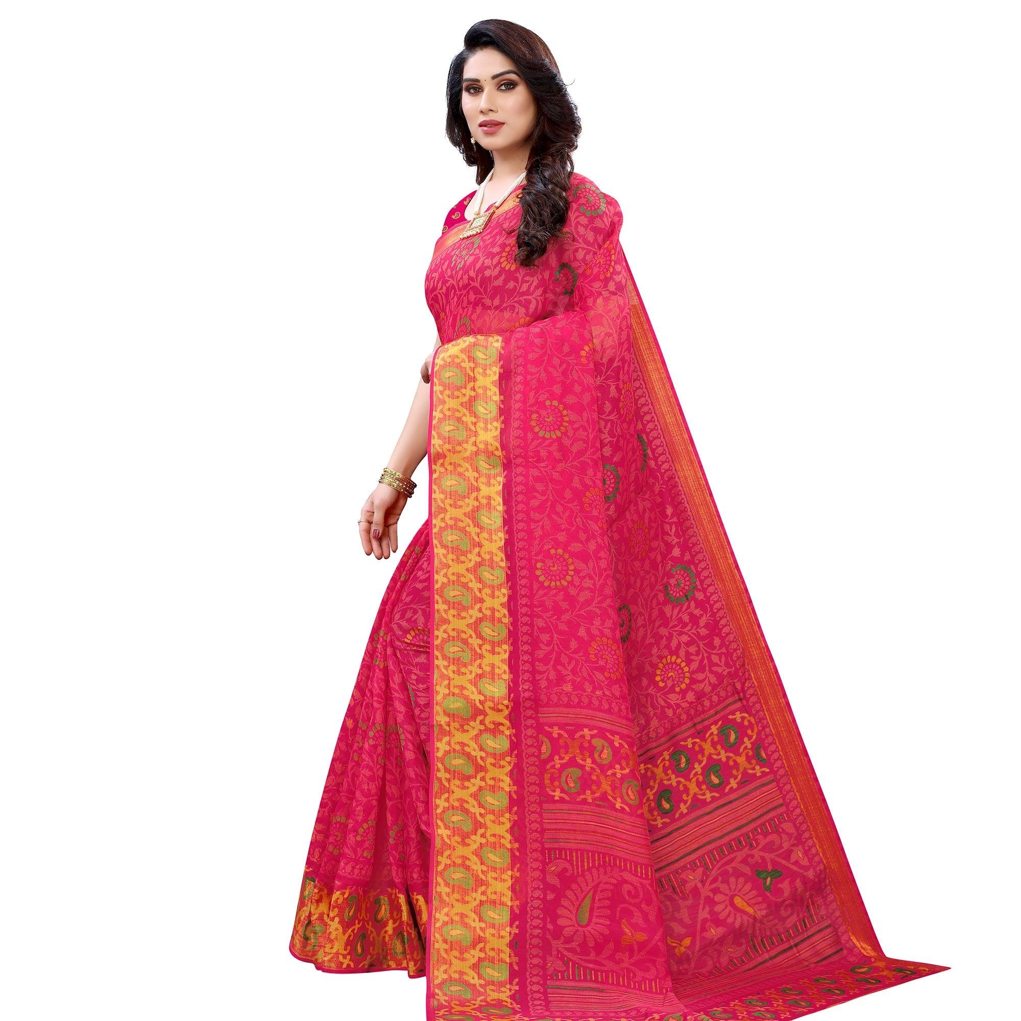 Pink Casual Wear Fancy Printed Heavy Linen Saree With Zari Border - Peachmode
