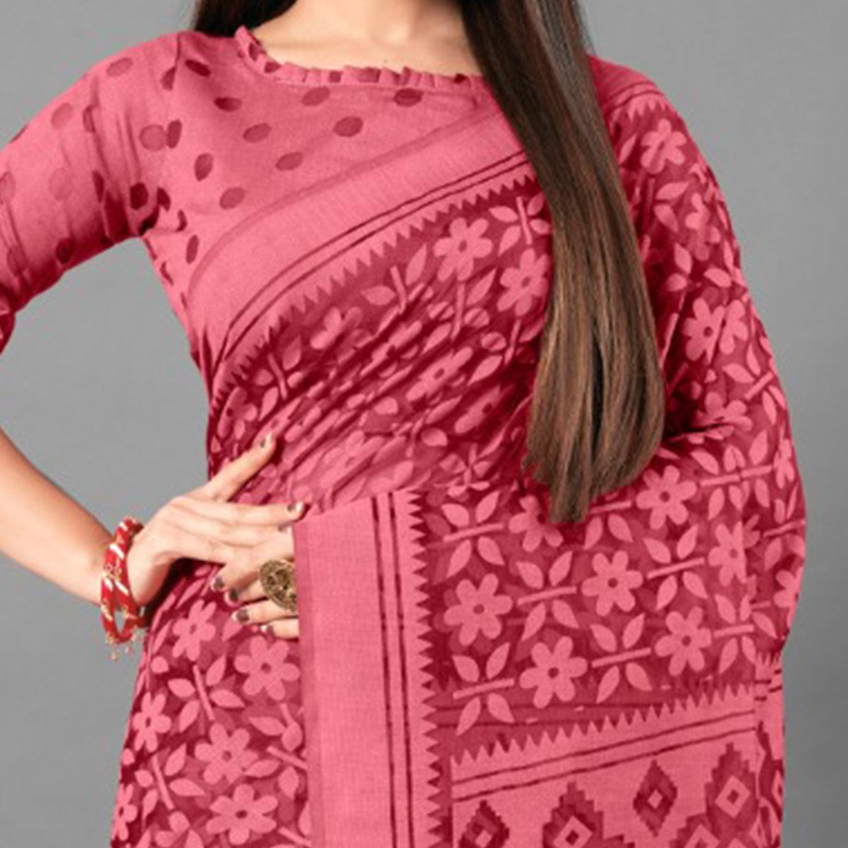 Pink Casual Wear Floral Brasso Saree - Peachmode