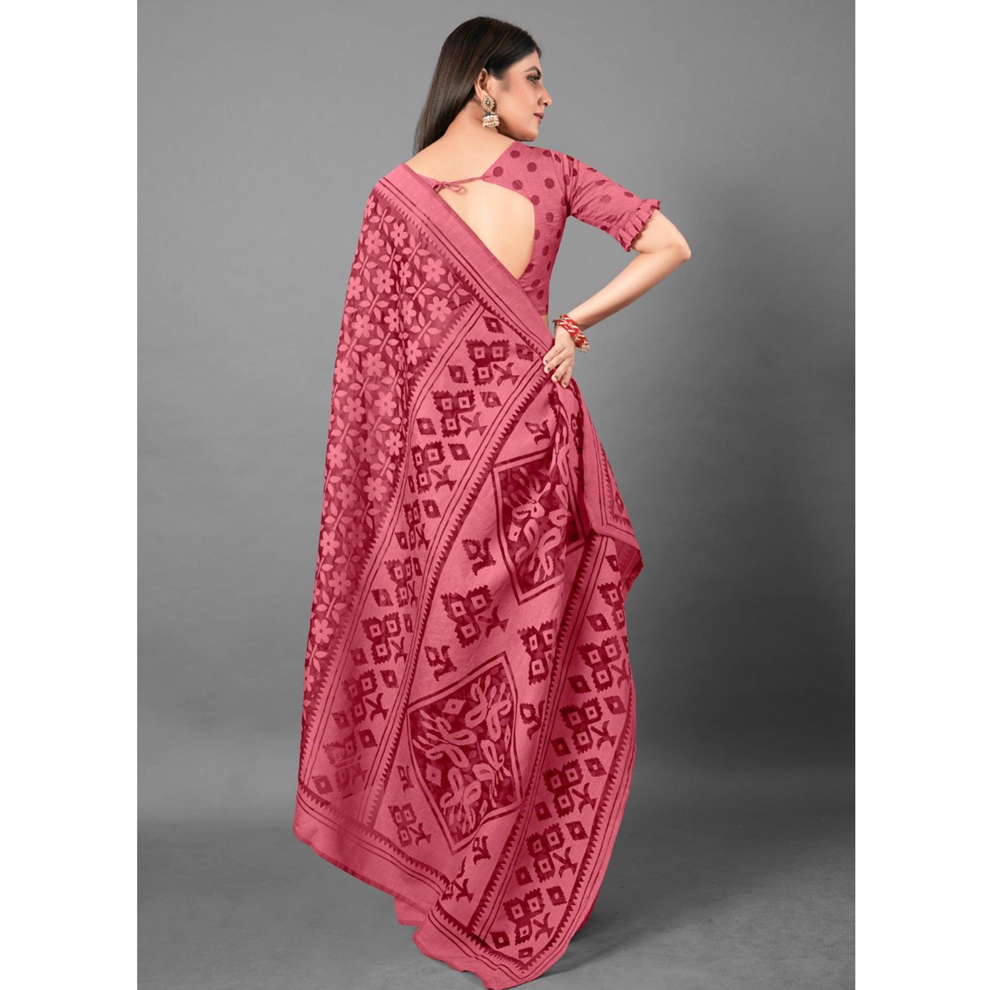 Pink Casual Wear Floral Brasso Saree - Peachmode