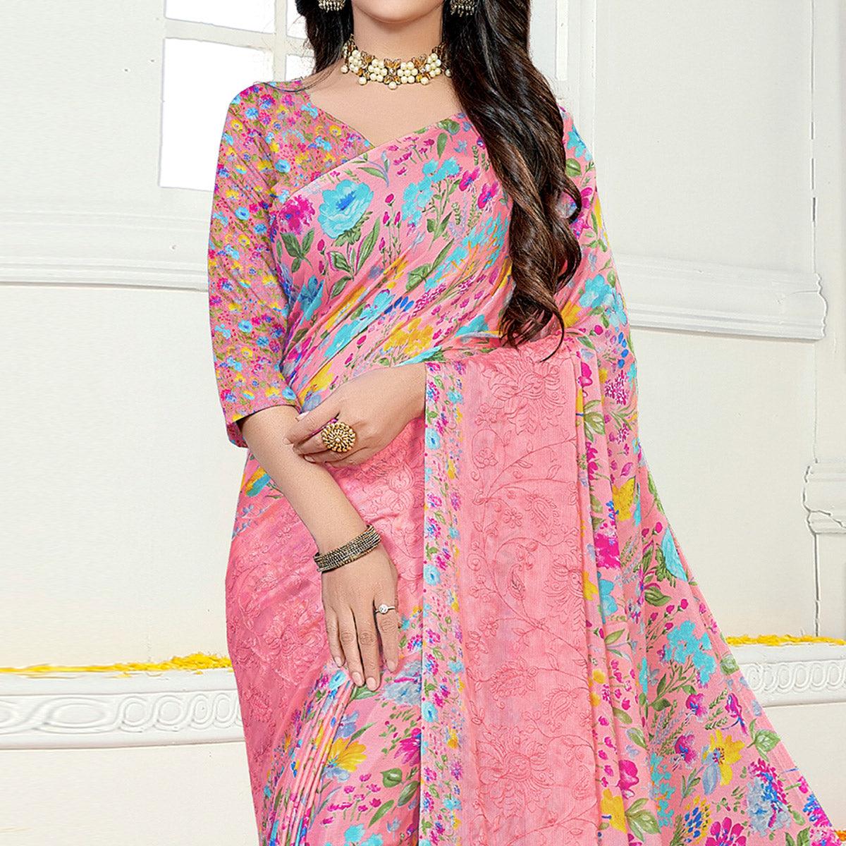 Pink Casual Wear Floral Digital Printed Chiffon Saree - Peachmode