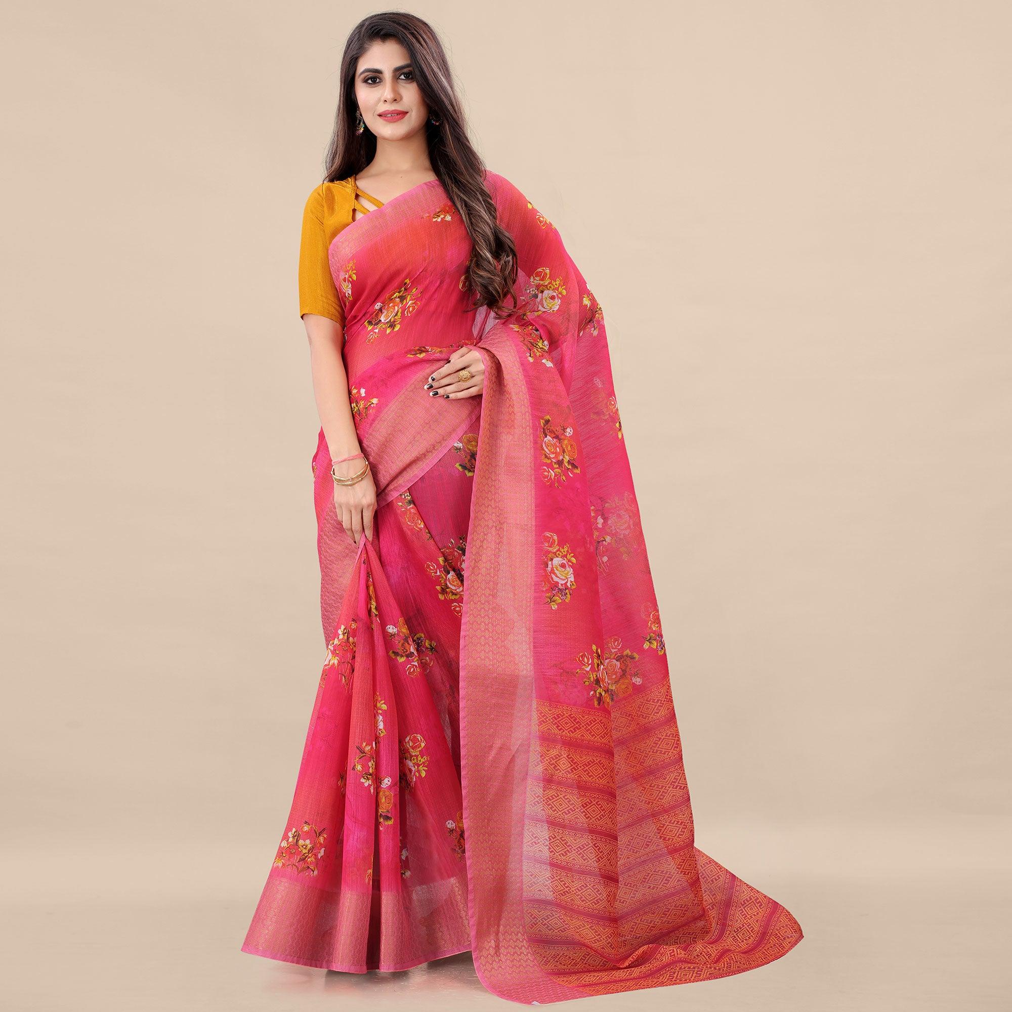 Pink Casual Wear Floral Digital Printed Cotton Saree With Woven Border - Peachmode