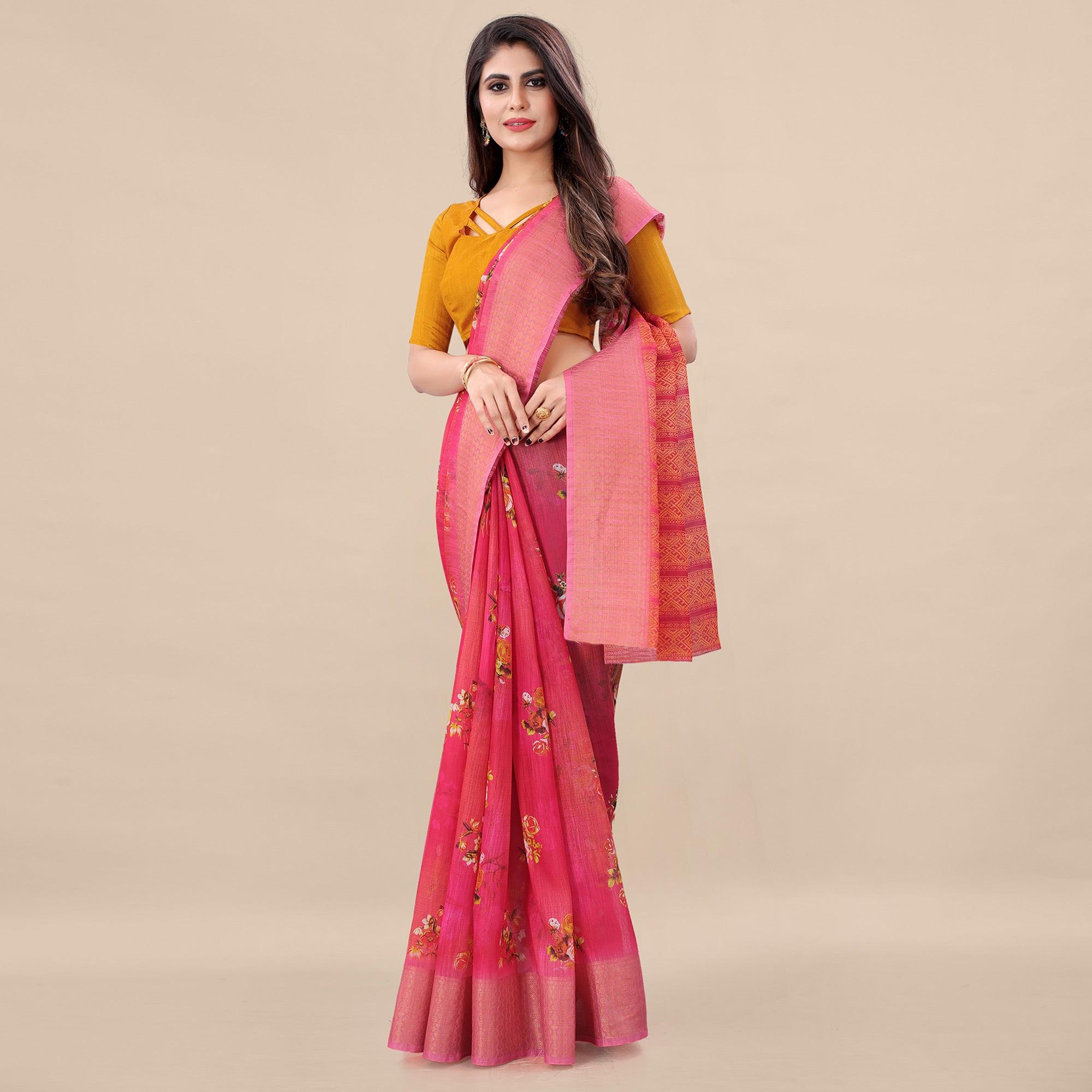 Pink Casual Wear Floral Digital Printed Cotton Saree With Woven Border - Peachmode