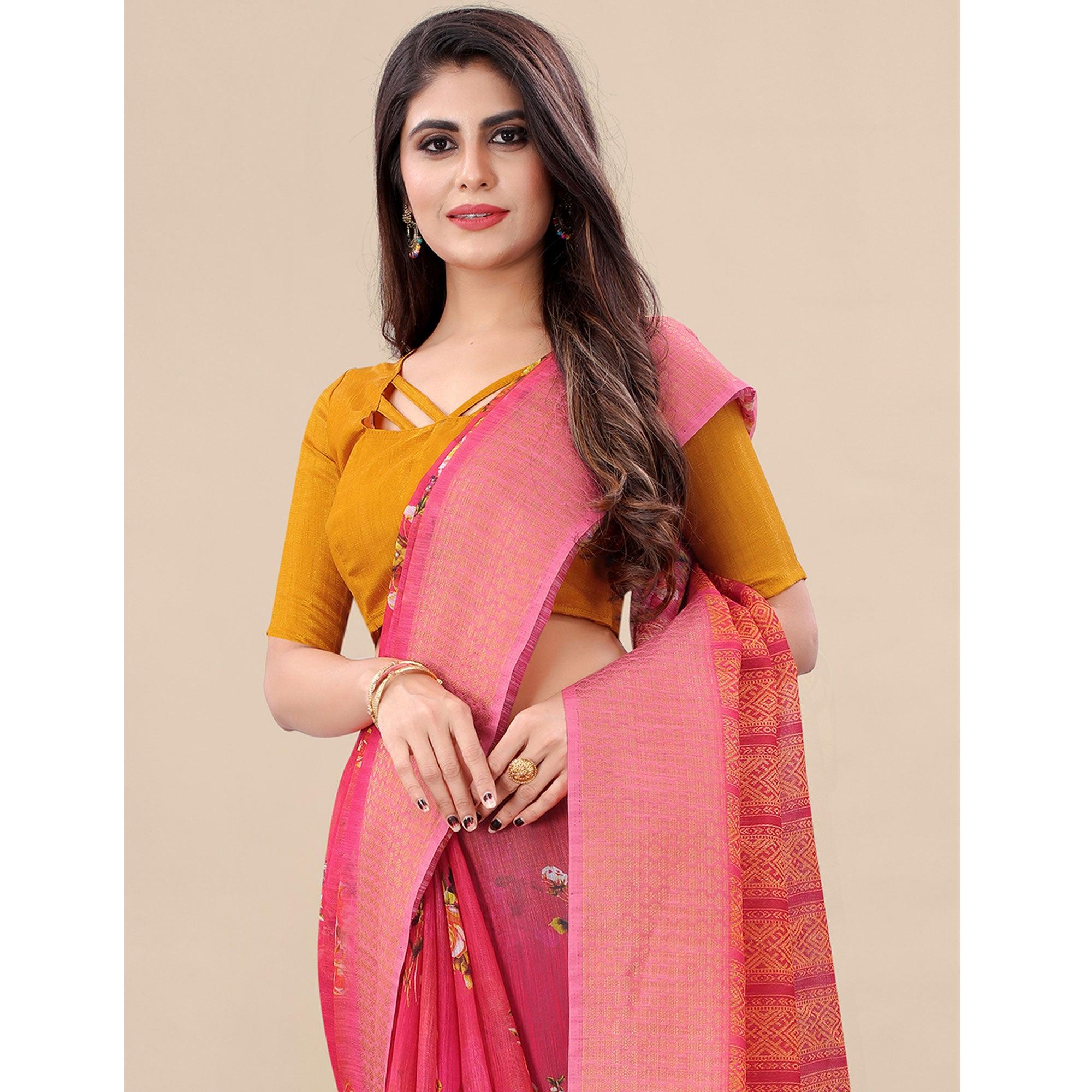 Pink Casual Wear Floral Digital Printed Cotton Saree With Woven Border - Peachmode