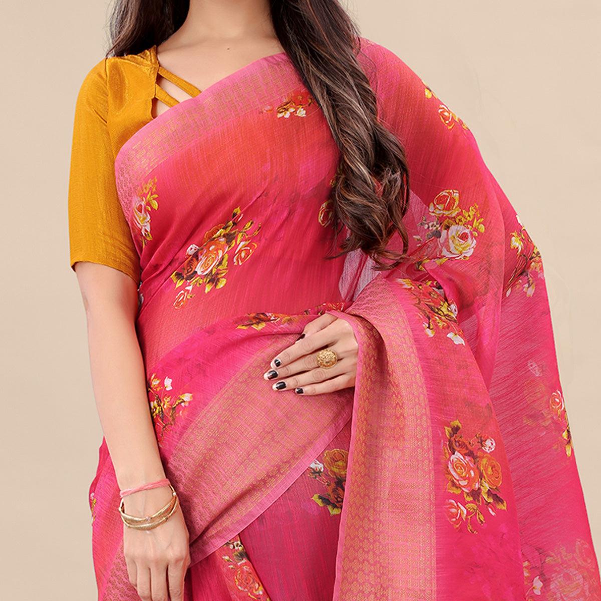 Pink Casual Wear Floral Digital Printed Cotton Saree With Woven Border - Peachmode