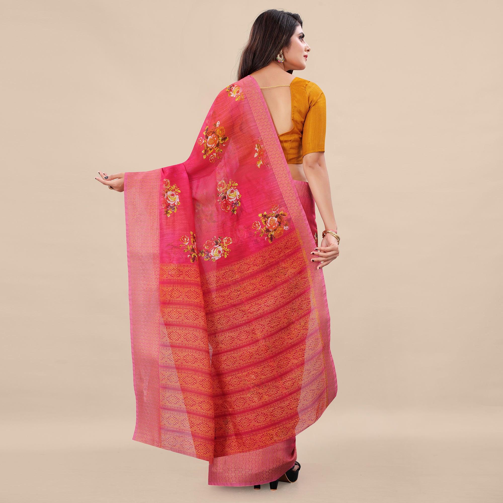 Pink Casual Wear Floral Digital Printed Cotton Saree With Woven Border - Peachmode