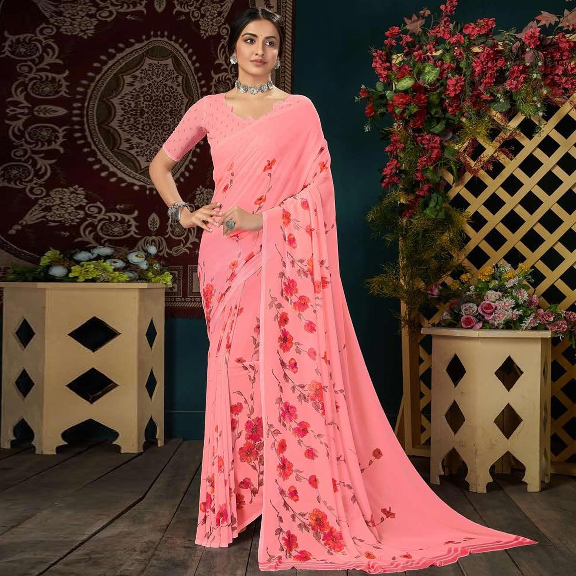 Pink Casual Wear Floral Digital Printed Georgette Saree - Peachmode