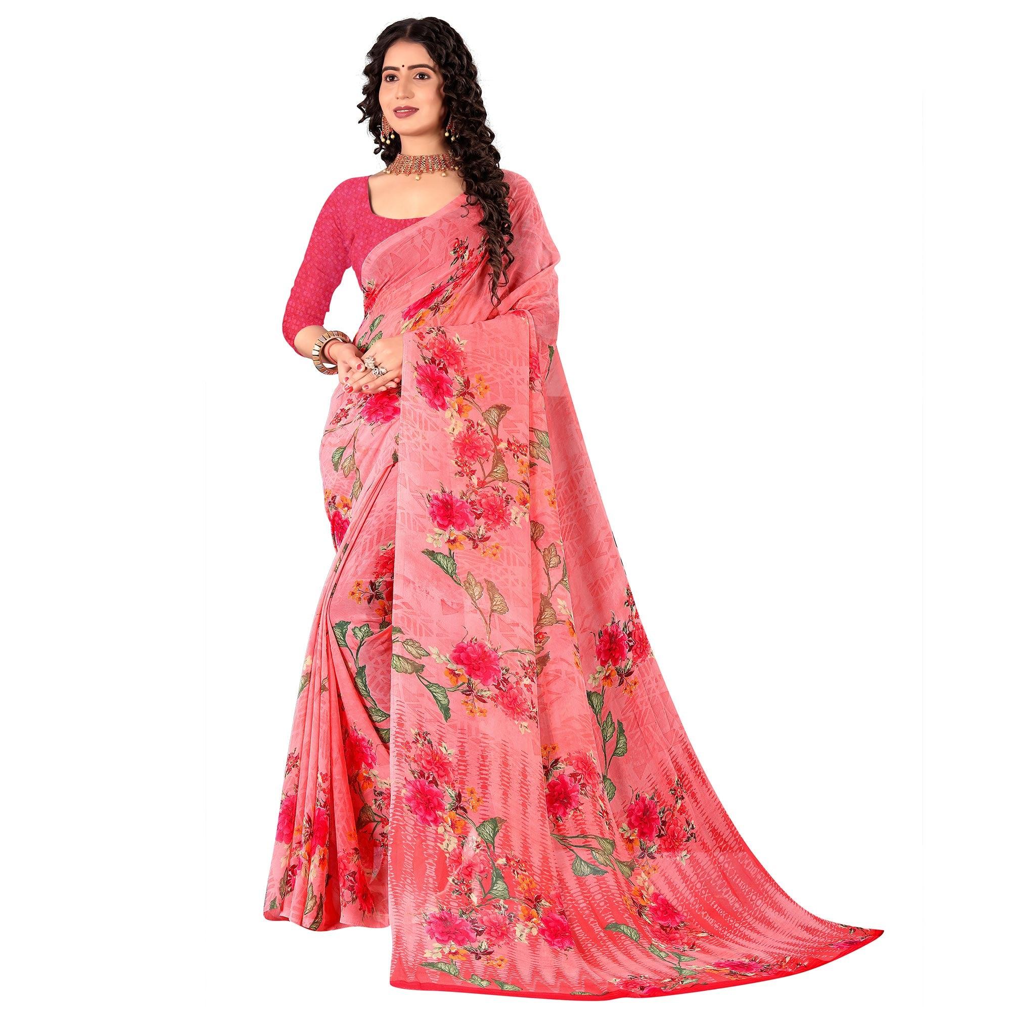 Pink Casual Wear Floral Digital Printed Georgette Saree - Peachmode