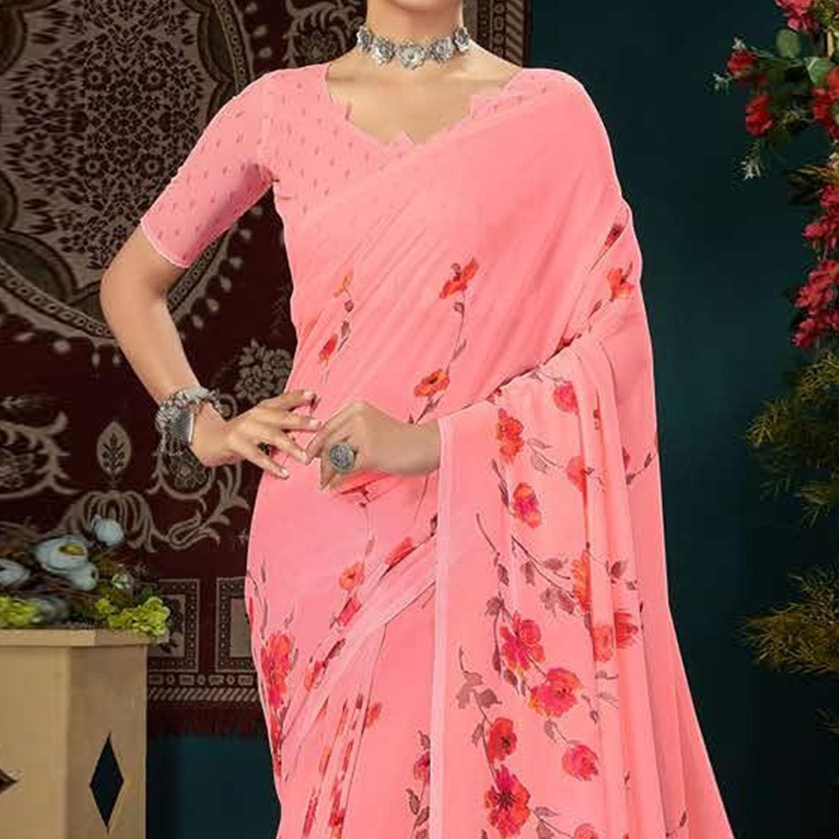 Pink Casual Wear Floral Digital Printed Georgette Saree - Peachmode