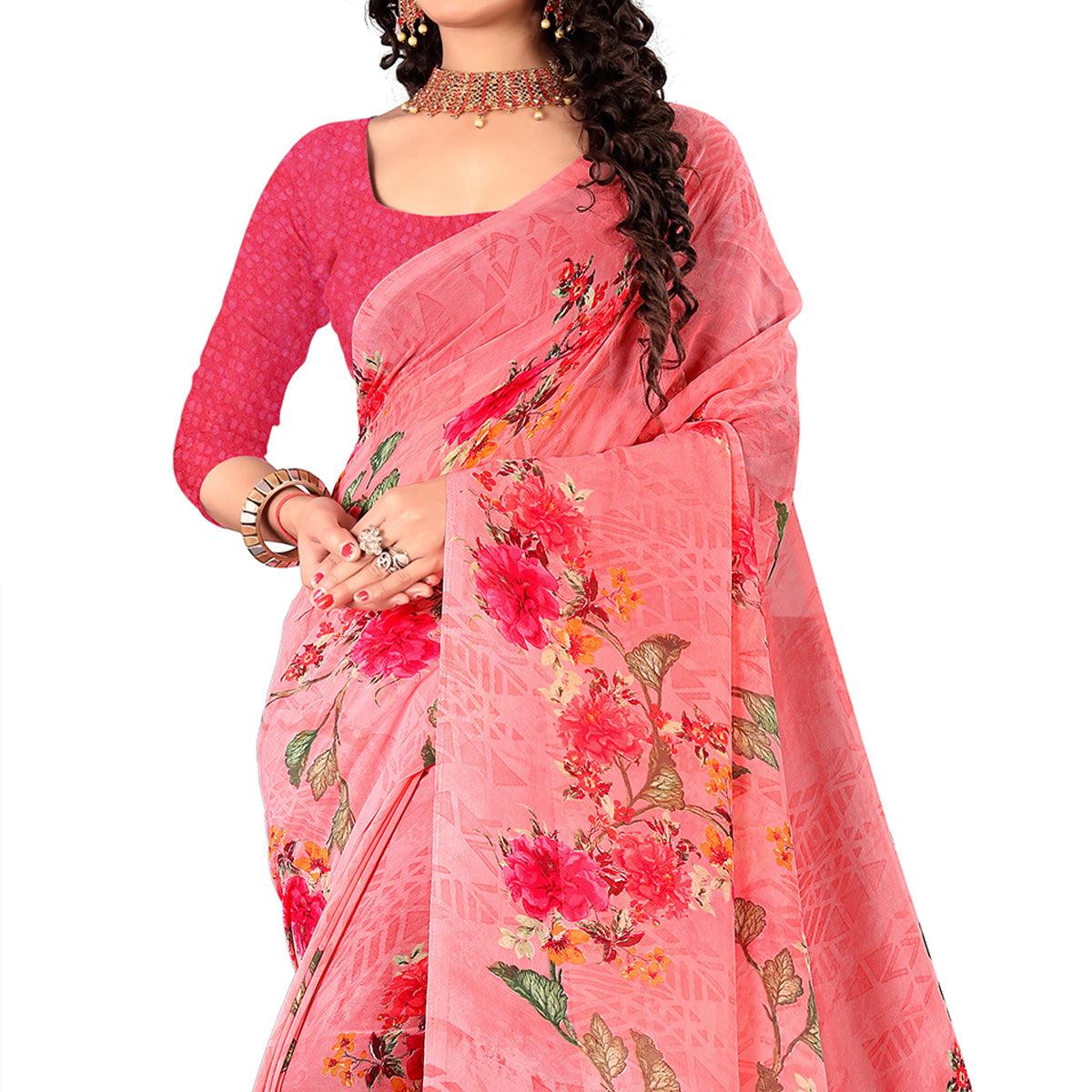Pink Casual Wear Floral Digital Printed Georgette Saree - Peachmode