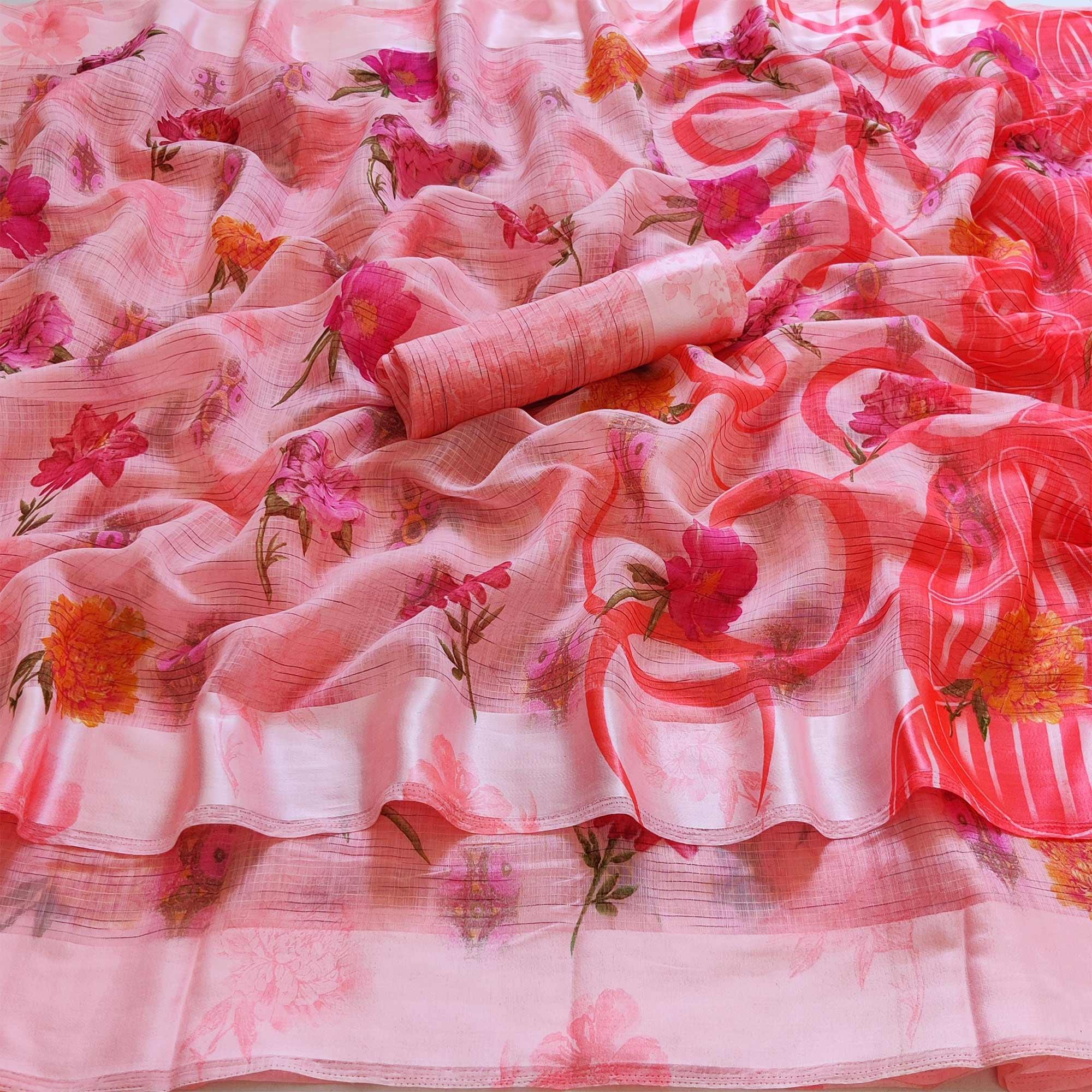 Pink Casual Wear Floral Digital Printed linen Saree - Peachmode
