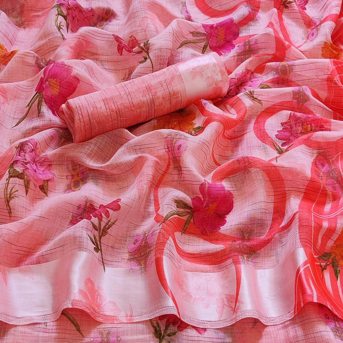 Pink Casual Wear Floral Digital Printed linen Saree - Peachmode