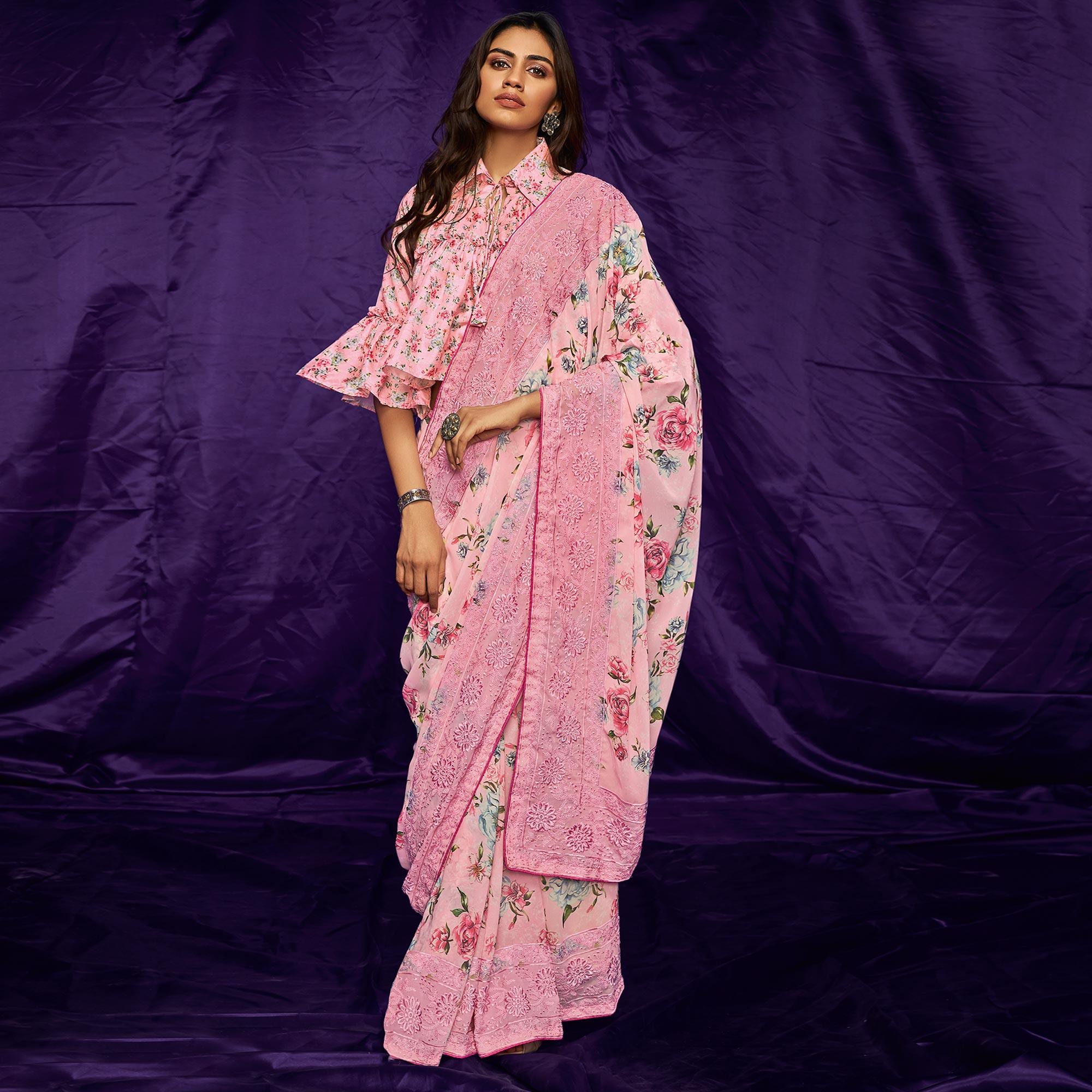 Pink Casual Wear Floral Digital Printed Pure Georgette Saree - Peachmode