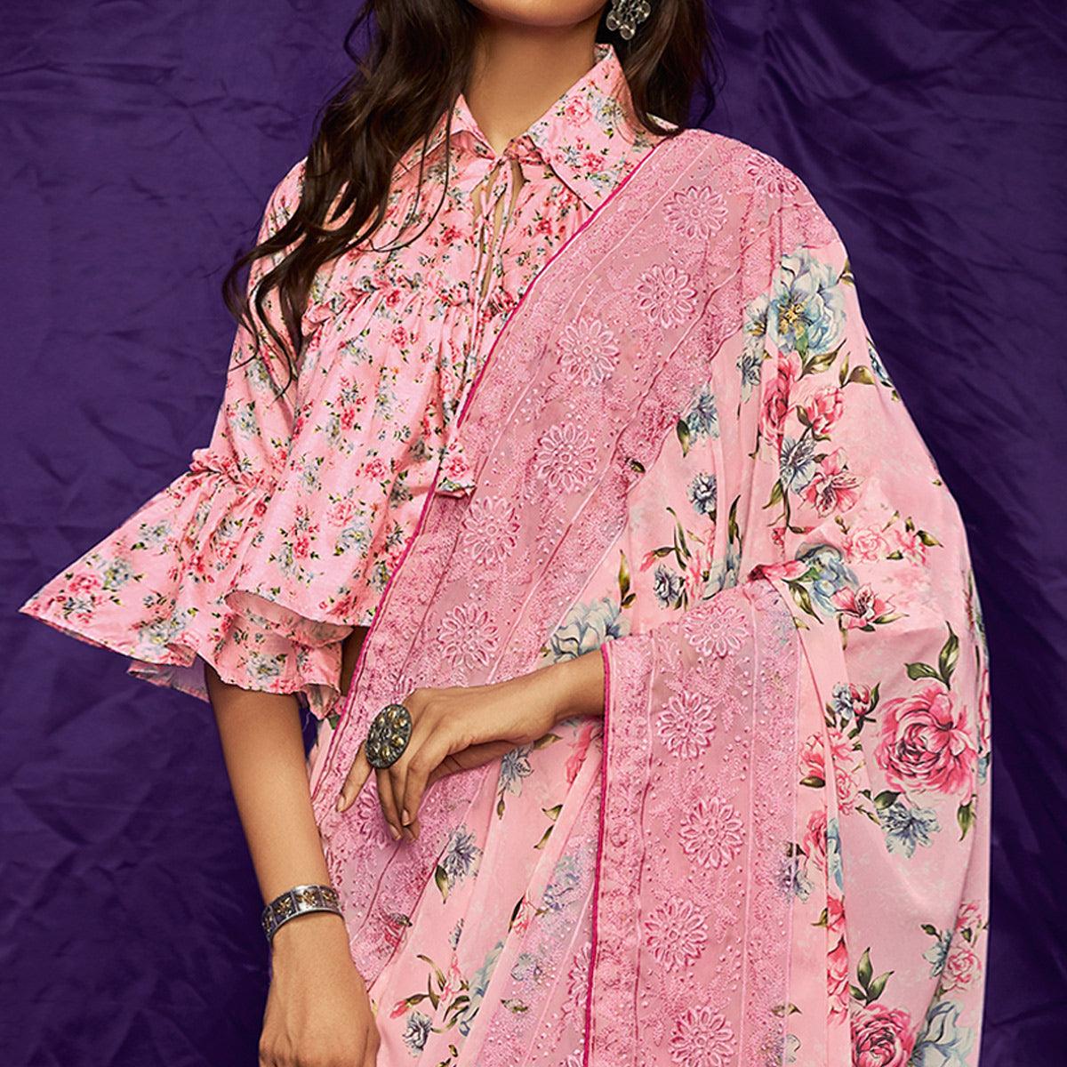 Pink Casual Wear Floral Digital Printed Pure Georgette Saree - Peachmode