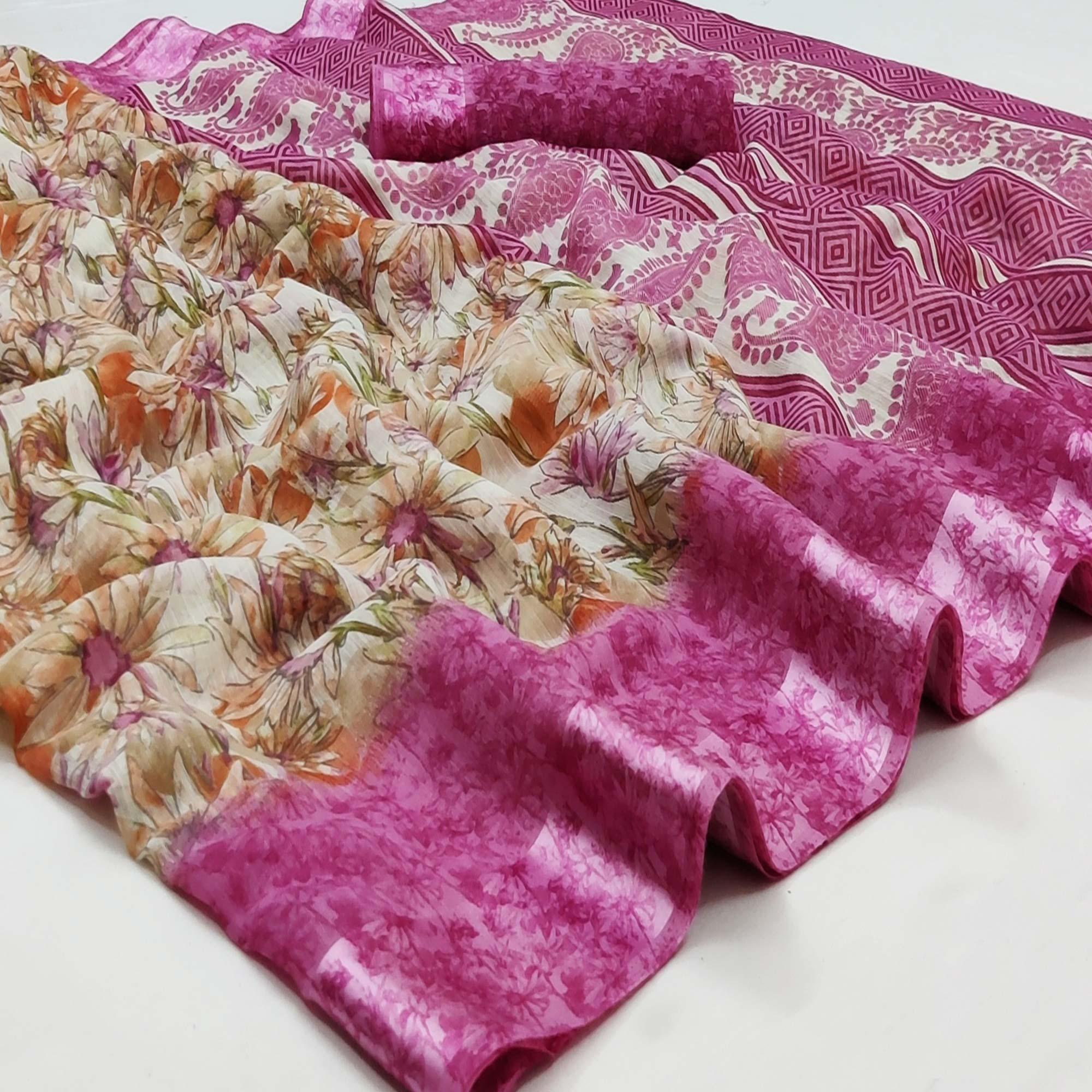 Pink Casual Wear Floral Digital Printed Pure Linen Saree Satin Border - Peachmode