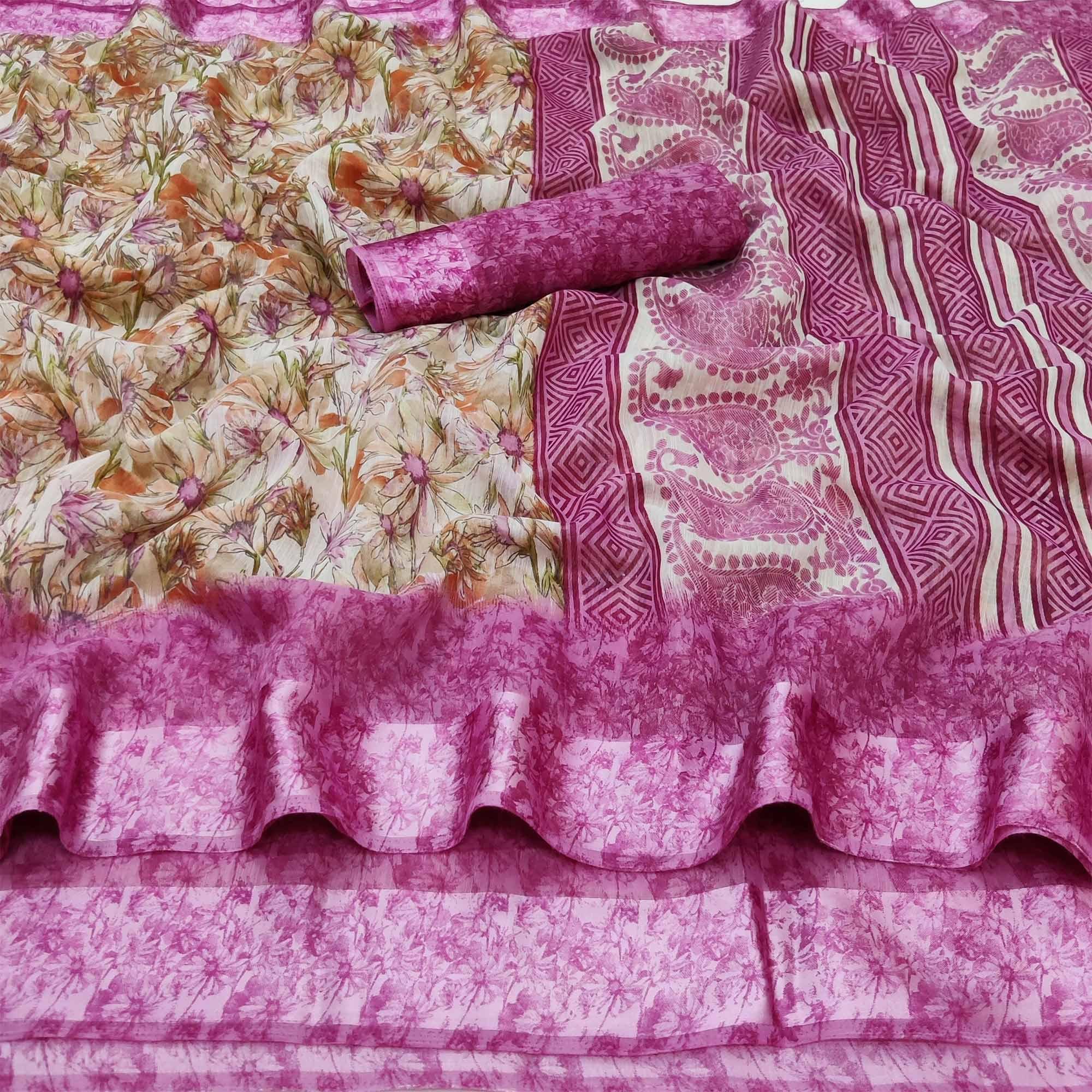 Pink Casual Wear Floral Digital Printed Pure Linen Saree Satin Border - Peachmode
