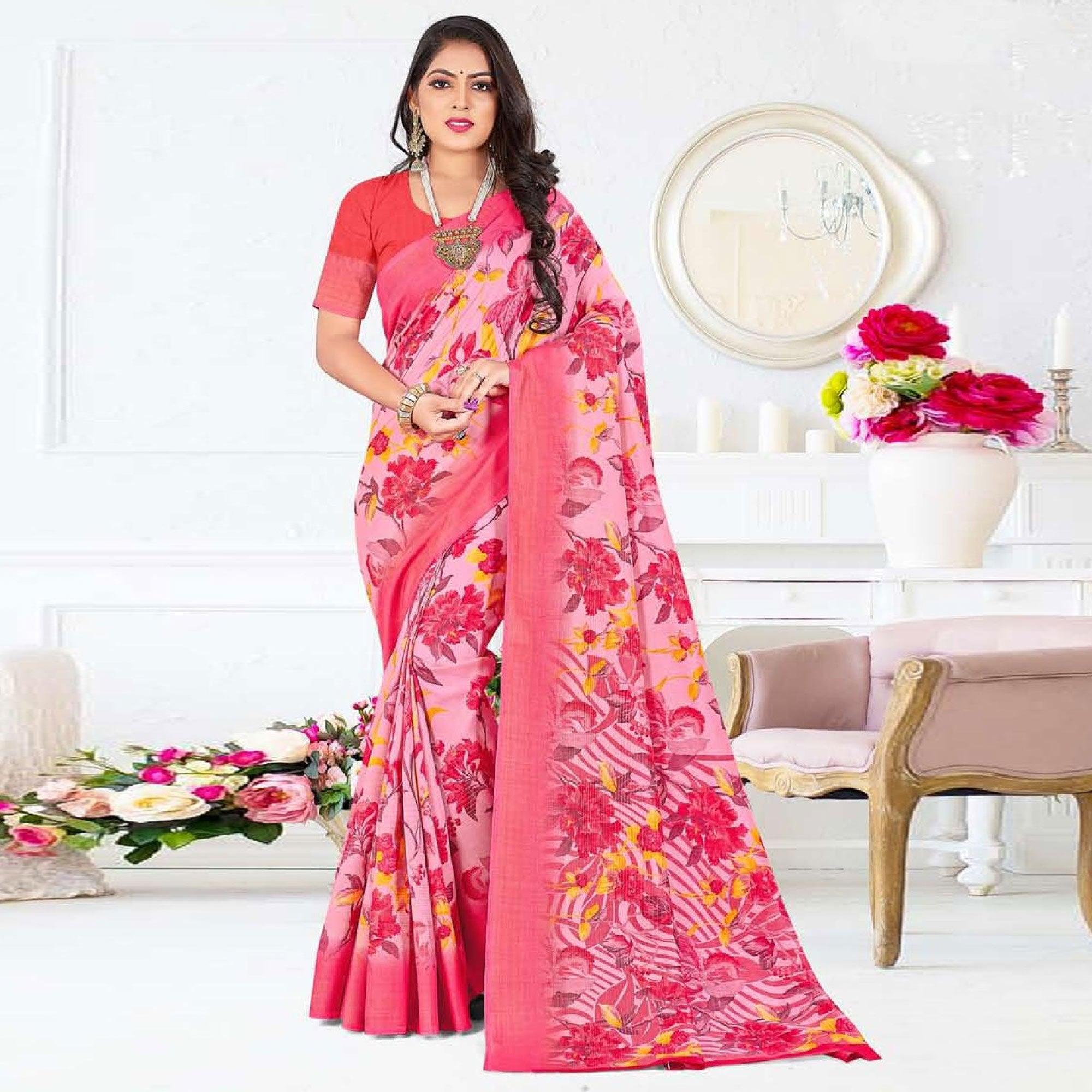 Pink Casual Wear Floral Digital Printed Soft Silk Saree - Peachmode