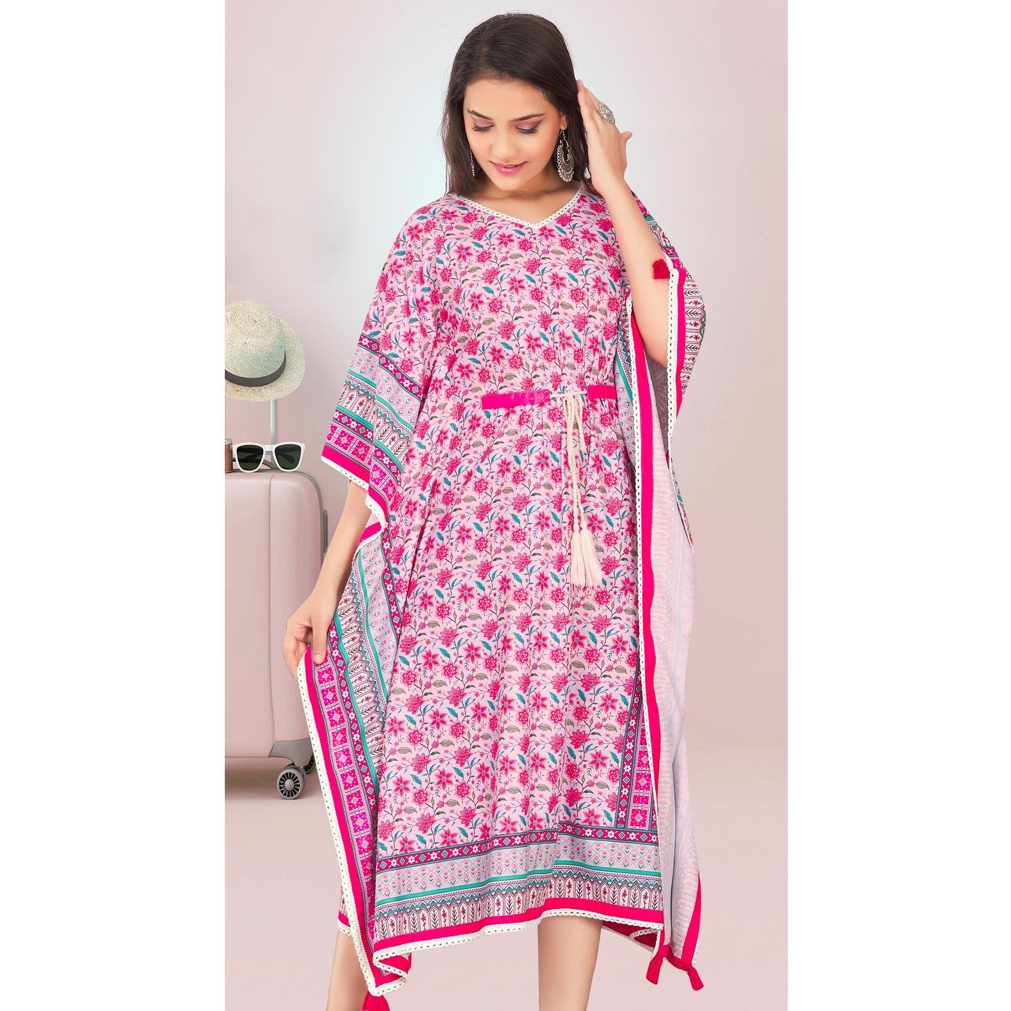 Pink Casual Wear Floral Digtial Printed Modal Kaftan Kurti - Peachmode