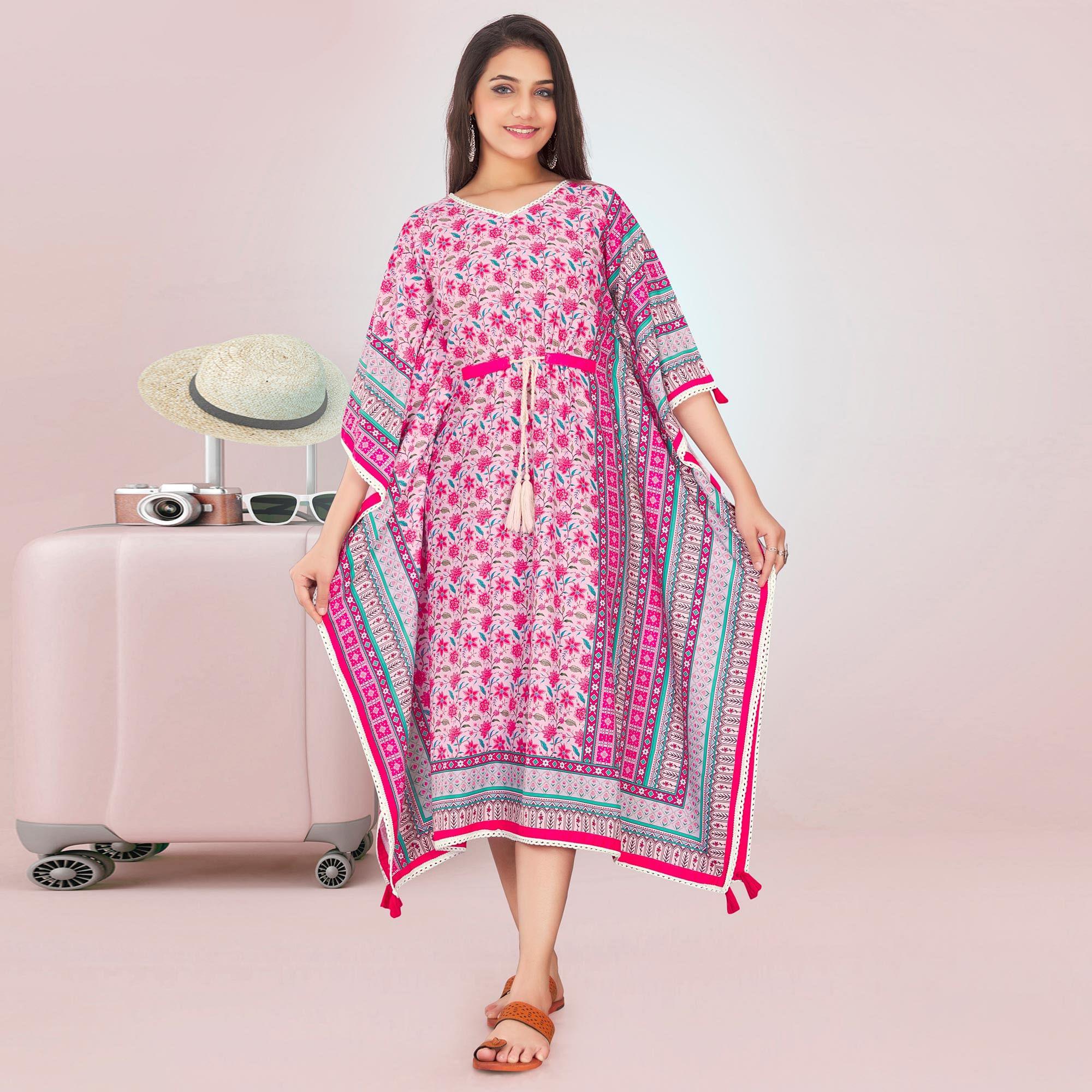 Pink Casual Wear Floral Digtial Printed Modal Kaftan Kurti - Peachmode