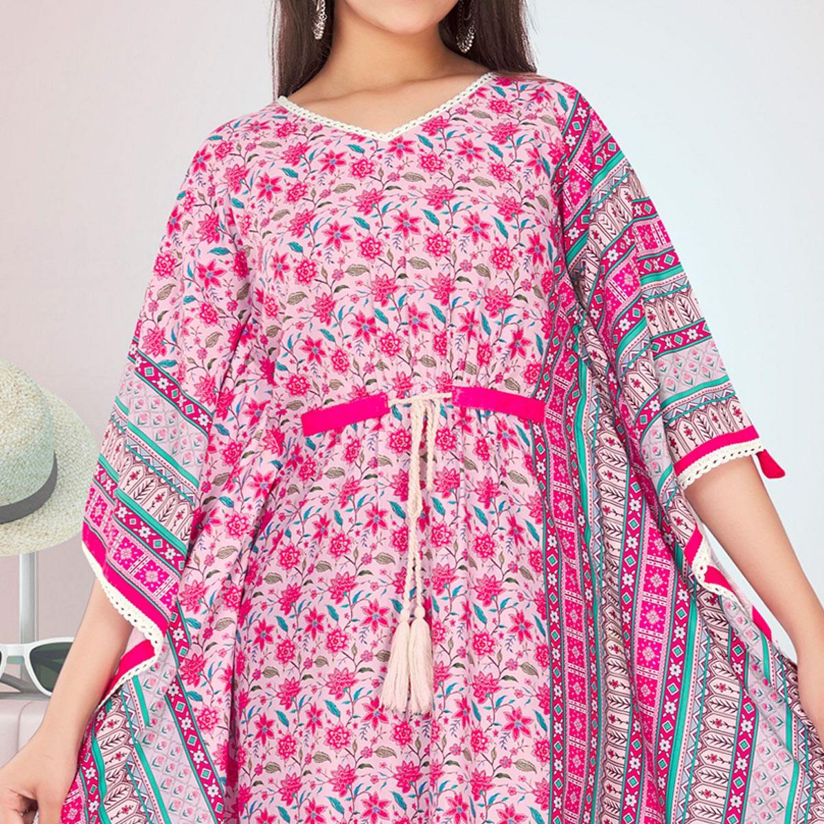 Pink Casual Wear Floral Digtial Printed Modal Kaftan Kurti - Peachmode