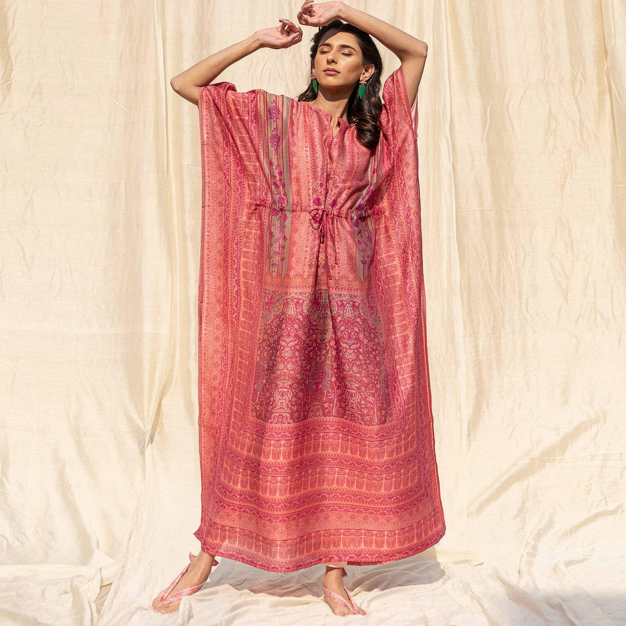 Pink Casual Wear Floral Digtial Printed Silk Kaftan Kurti - Peachmode