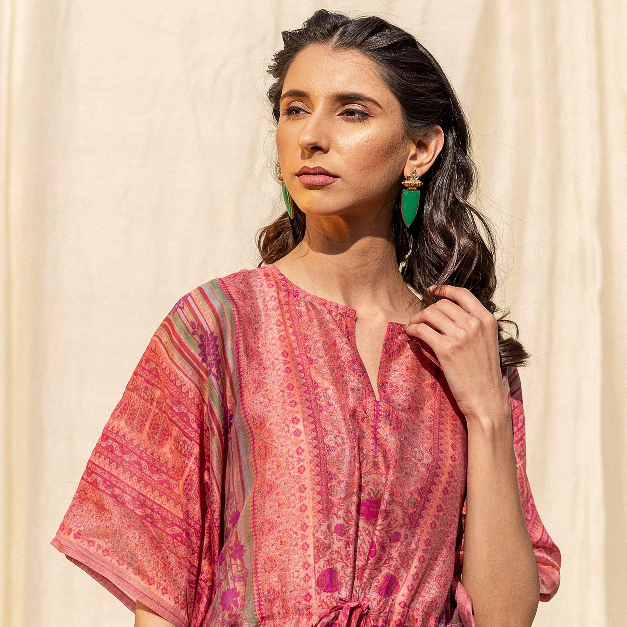 Pink Casual Wear Floral Digtial Printed Silk Kaftan Kurti - Peachmode