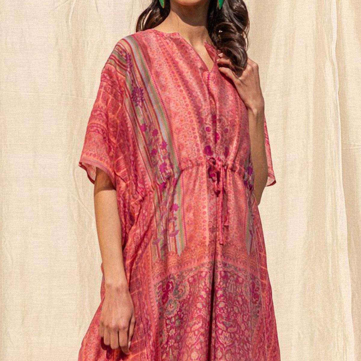 Pink Casual Wear Floral Digtial Printed Silk Kaftan Kurti - Peachmode