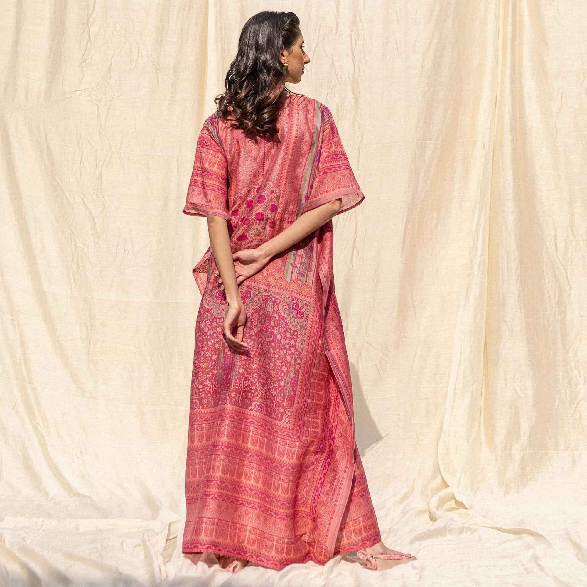 Pink Casual Wear Floral Digtial Printed Silk Kaftan Kurti - Peachmode