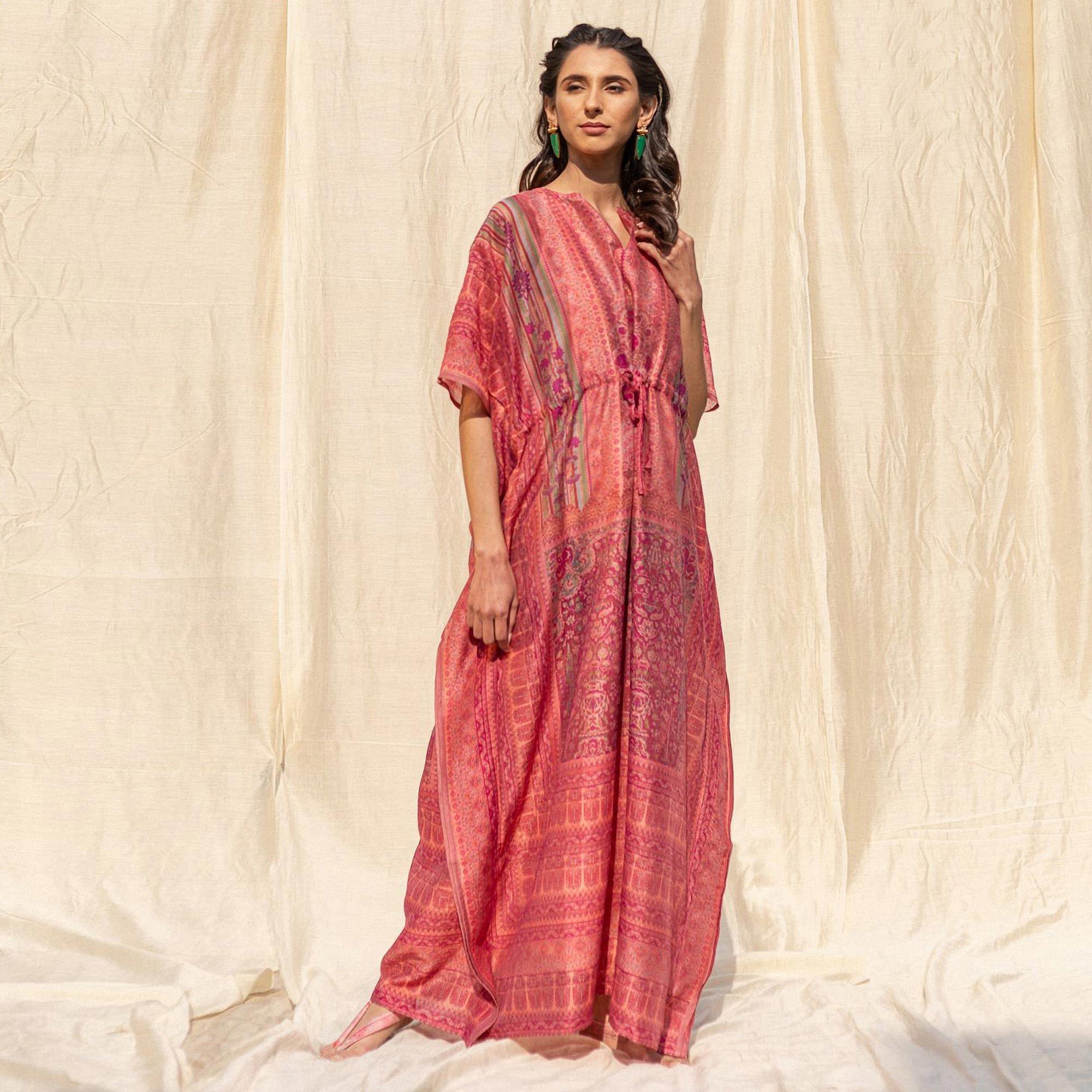 Pink Casual Wear Floral Digtial Printed Silk Kaftan Kurti - Peachmode