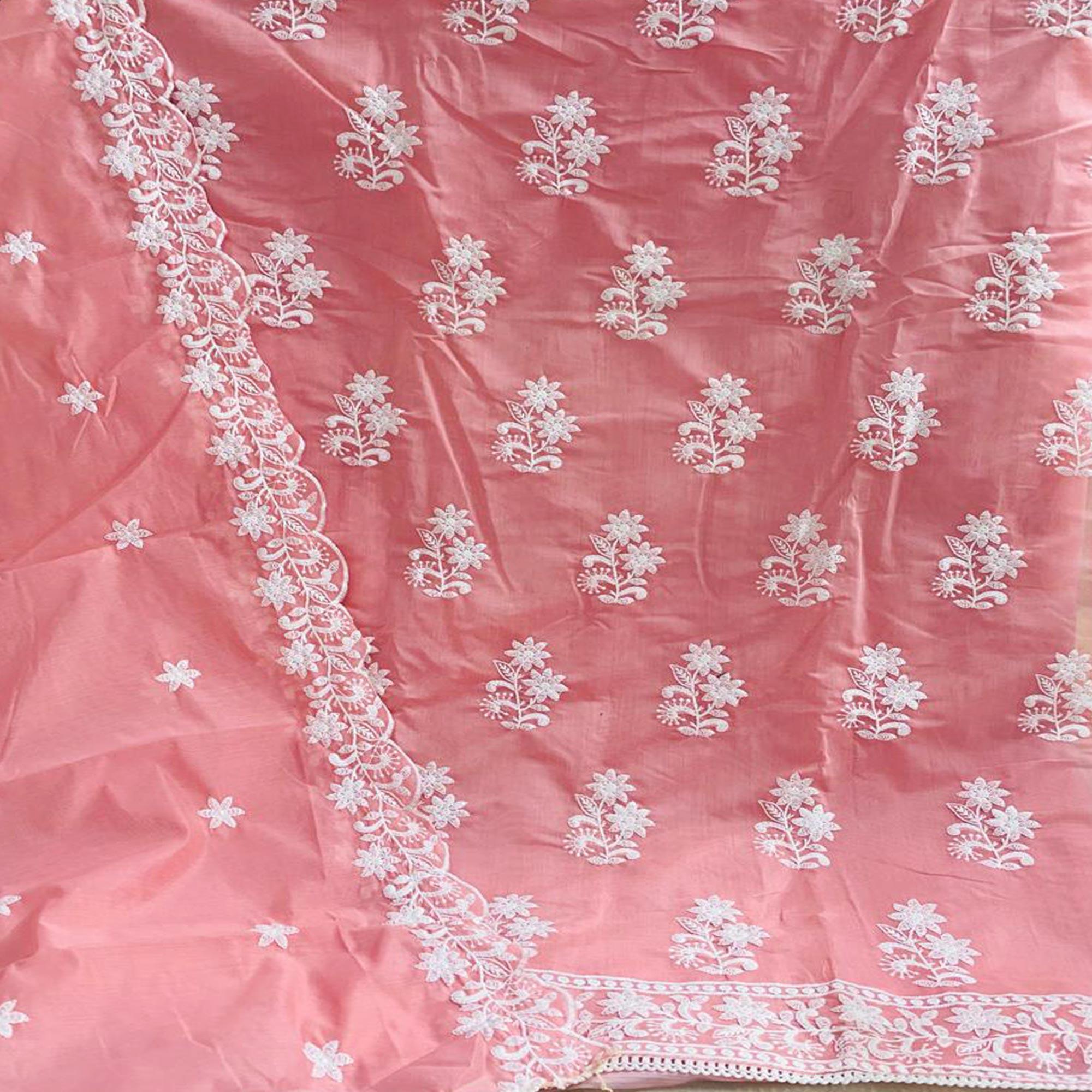 Pink Casual Wear Floral Embroidered Chanderi Dress Material - Peachmode